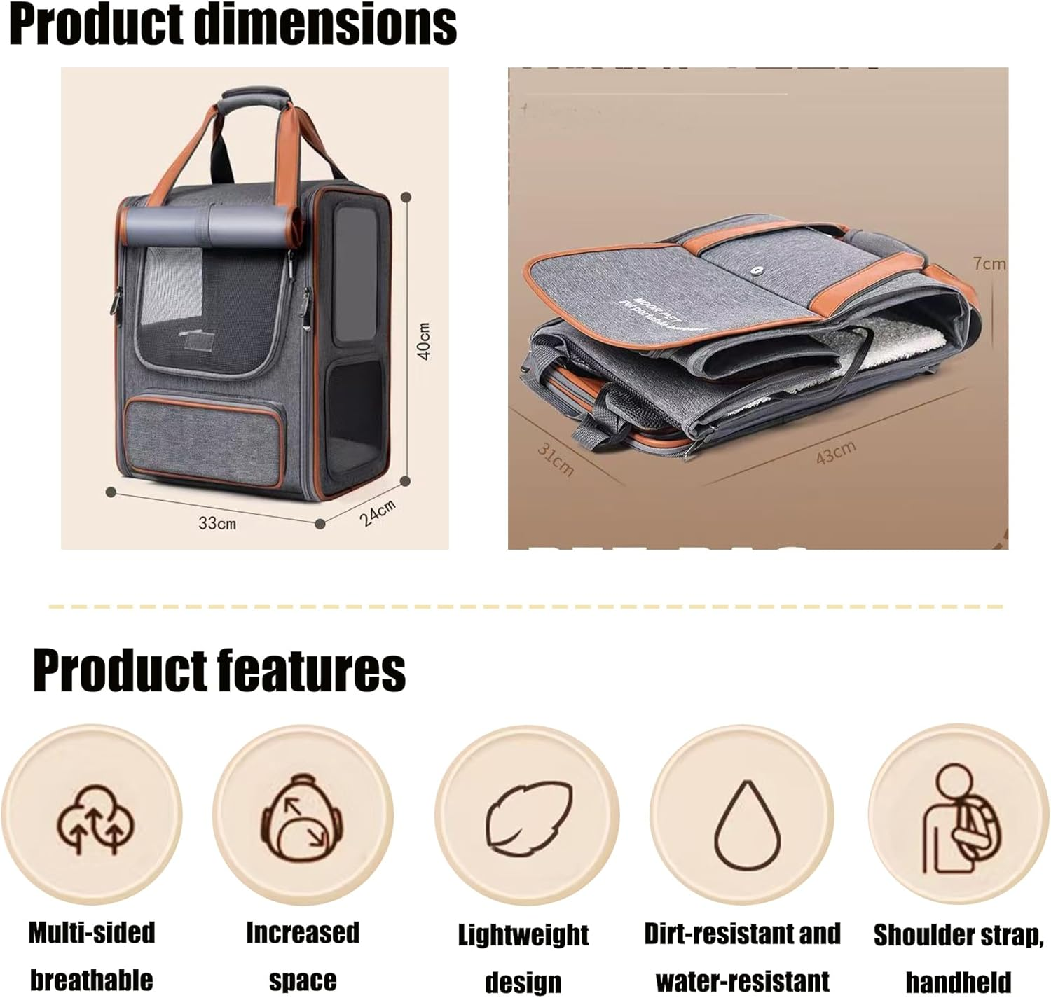 Soft-Sided Pet Carrier, Collapsible Travel Carrier for Cats and Puppies, Portable with Multiple Pockets (Gray-Backpack) - Gray-Backpack image number 2