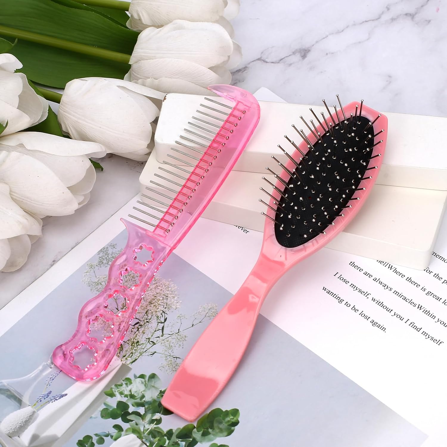 Hair Extension Brushes, 2 Pieces Wig Brush for Synthetic Wigs Portable Synthetic Hair Brush Metal Wire Wet Hair Comb Professional Stainless Steel Teeth Wig Brush for Women Girls Human Hair, Pink