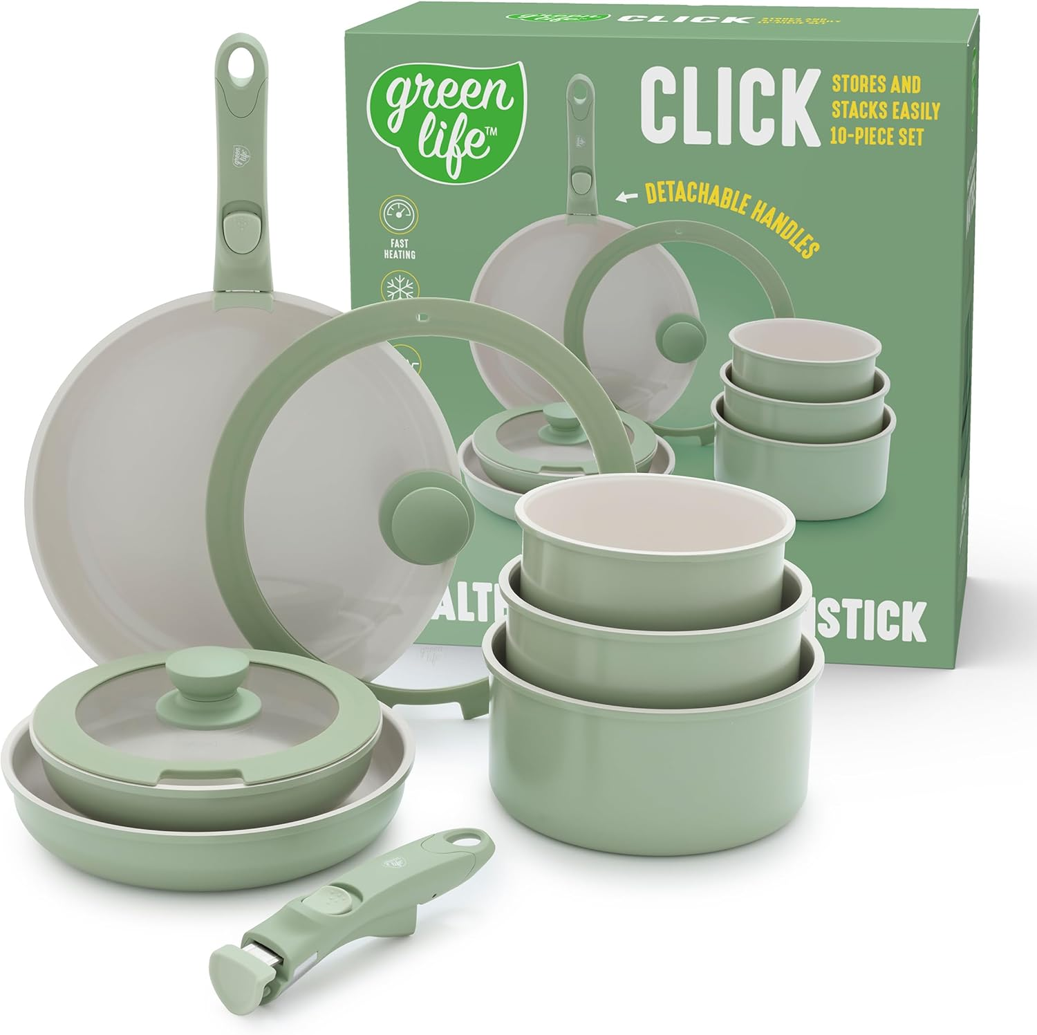 Greenlife Click 10-Piece Ceramic Nonstick Cookware Set, Detachable Handle, Stackable Space Saving Kitchen Essential, Non Toxic Pfas-Free Pots & Pans, Induction & Oven Safe, Glass Lid, Sage Green image number 5