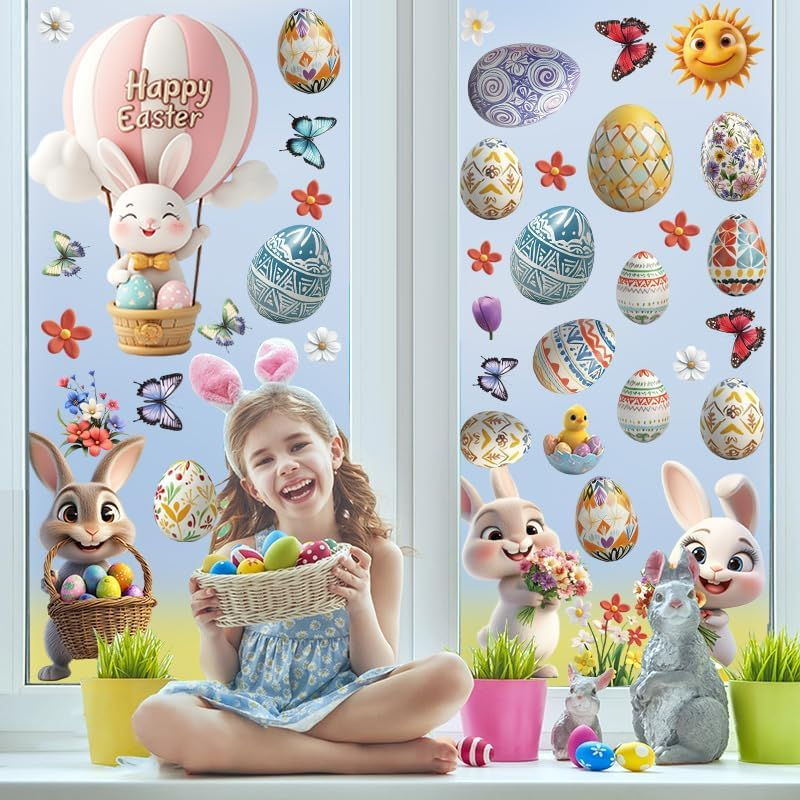 KIKISML Easter Window Clings Stickers 106Pcs, Various Cute Bunny Colorful Easter Eggs Flower Butterfly Window Stickers Decor, 9 Sheets Static Sticker for School Home Office Party Accessory Supplies image number 2
