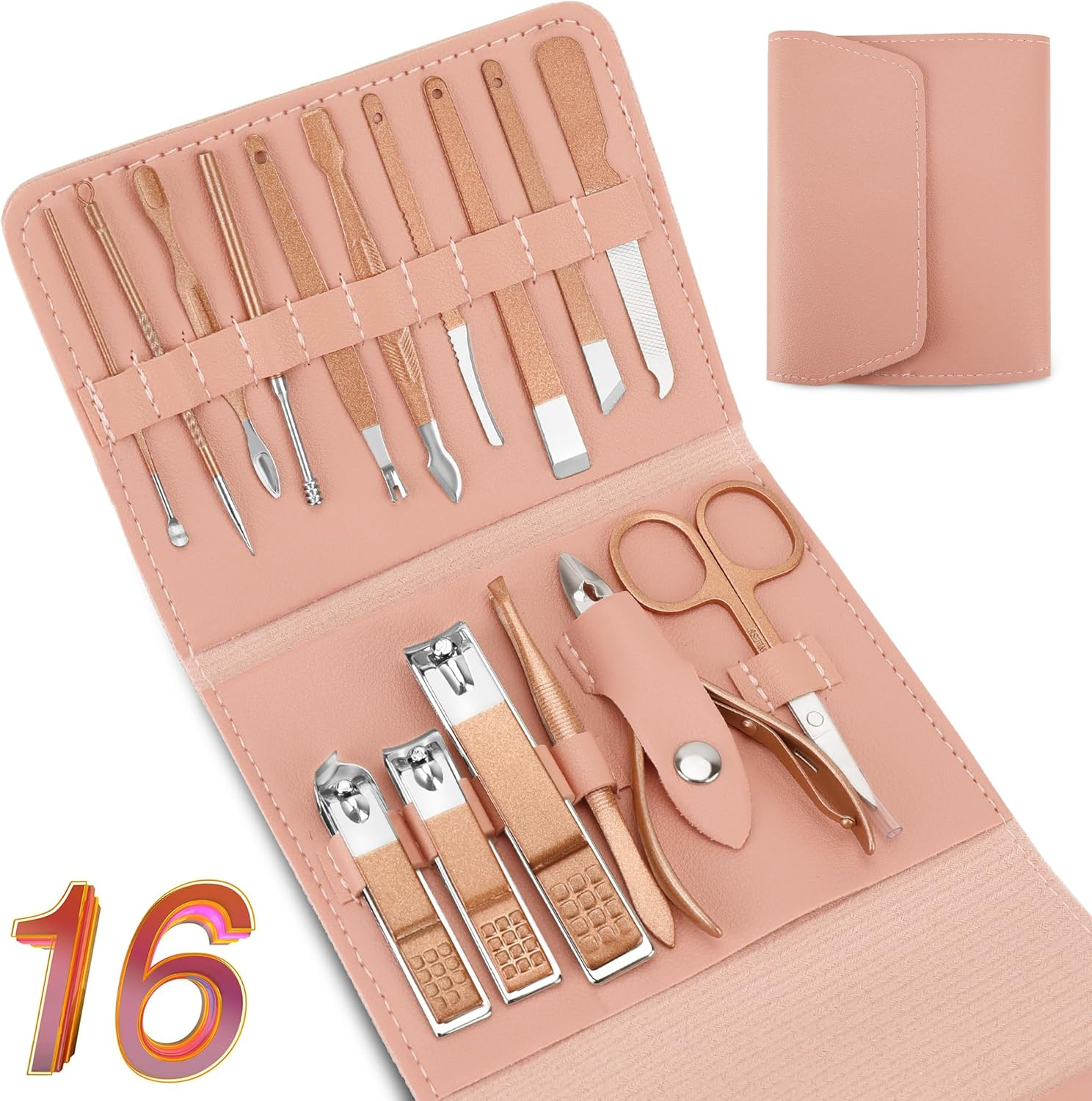 NINEMAX Manicure Set Nail Cutter Nail Clipper Kit 16Pcs Stainless Steel Rust Nail Manicure Set Manicure Kit, Travel Leather Case Sizes Nail Kit Pedicure Kit for Women Men Travel Home Gift Giving Green Visit the NINEMAX Store (Pink)