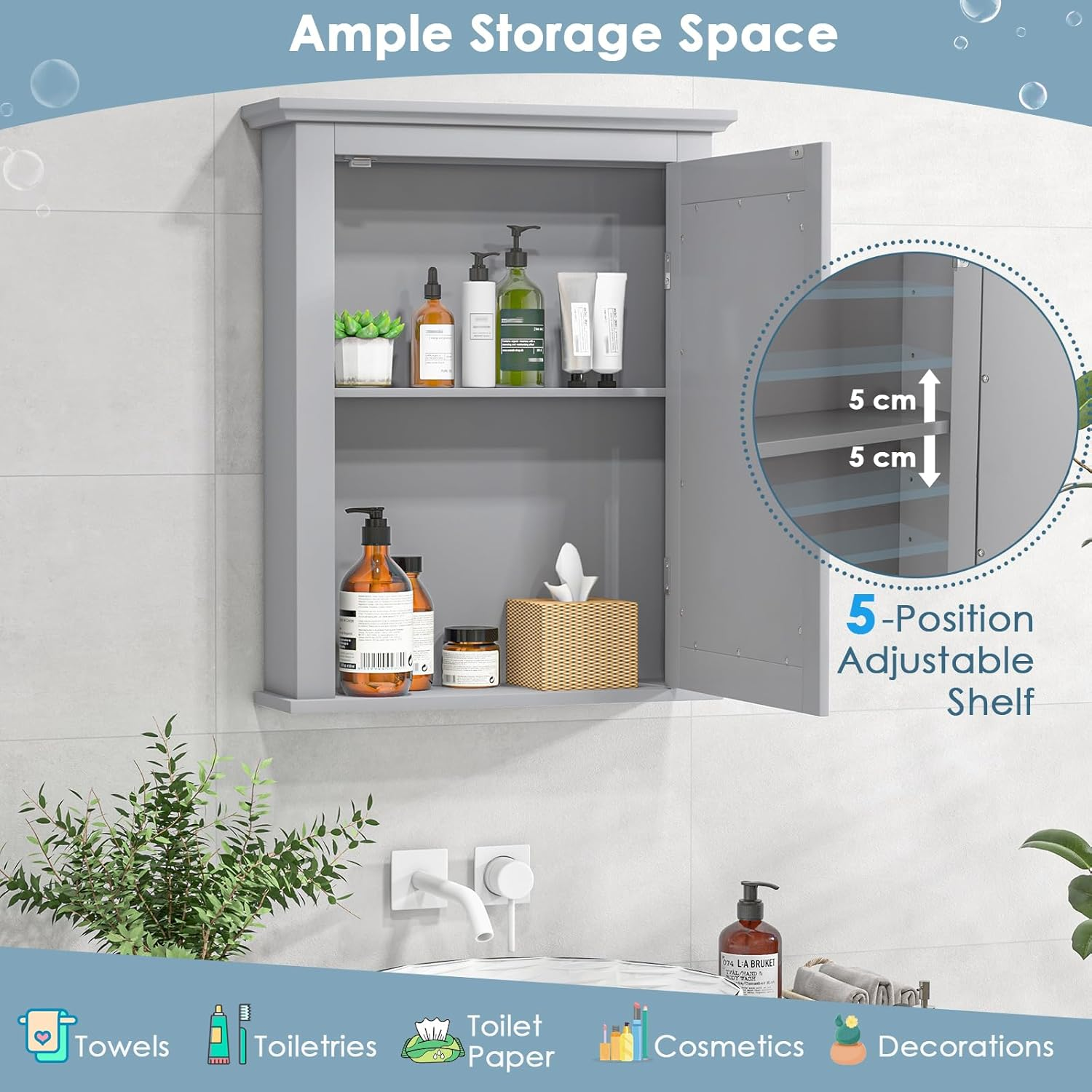 Giantex Mirrored Bathroom Cabinet, Wall Mount Wooden Medicine Storage Cabinet W/Single Door & Adjustable Shelf, Multipurpose Home Organizer 56 X 69 Cm (Gray) image number 3