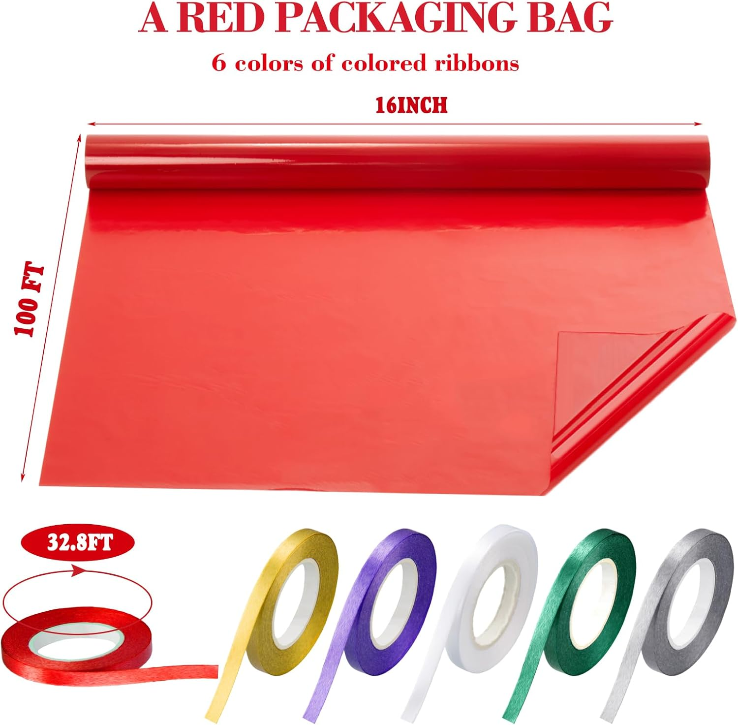Tigeen Clear Cellophane Wrap Roll with 6 Rolls Ribbons, 16'' X 100 Ft 2.3 Mil Translucent Thick Cellophane Paper for Candy Baskets Packaging for Birthday Party Gifts(Red)