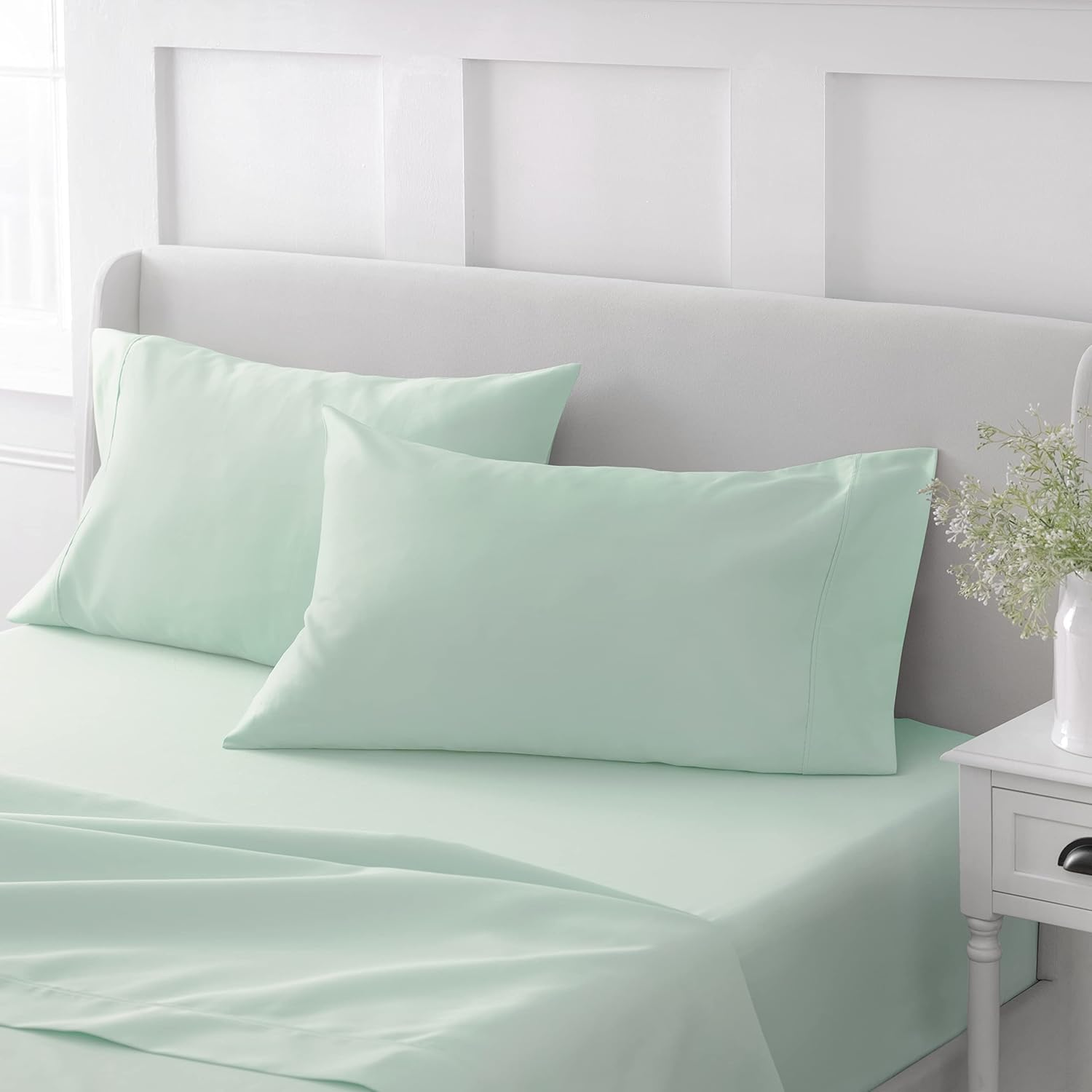 MARTHA STEWART 100% Cotton King Sheets Set - 4 Piece, Soft, Smooth, Durable, Easy Care, 16" Deep Pocket Sheet, Bedding Sheet, Sateen Sheet, 1 Flat, 1 Fitted, 2 Pillowcases, Dorm Essential, Mint Green image number 2