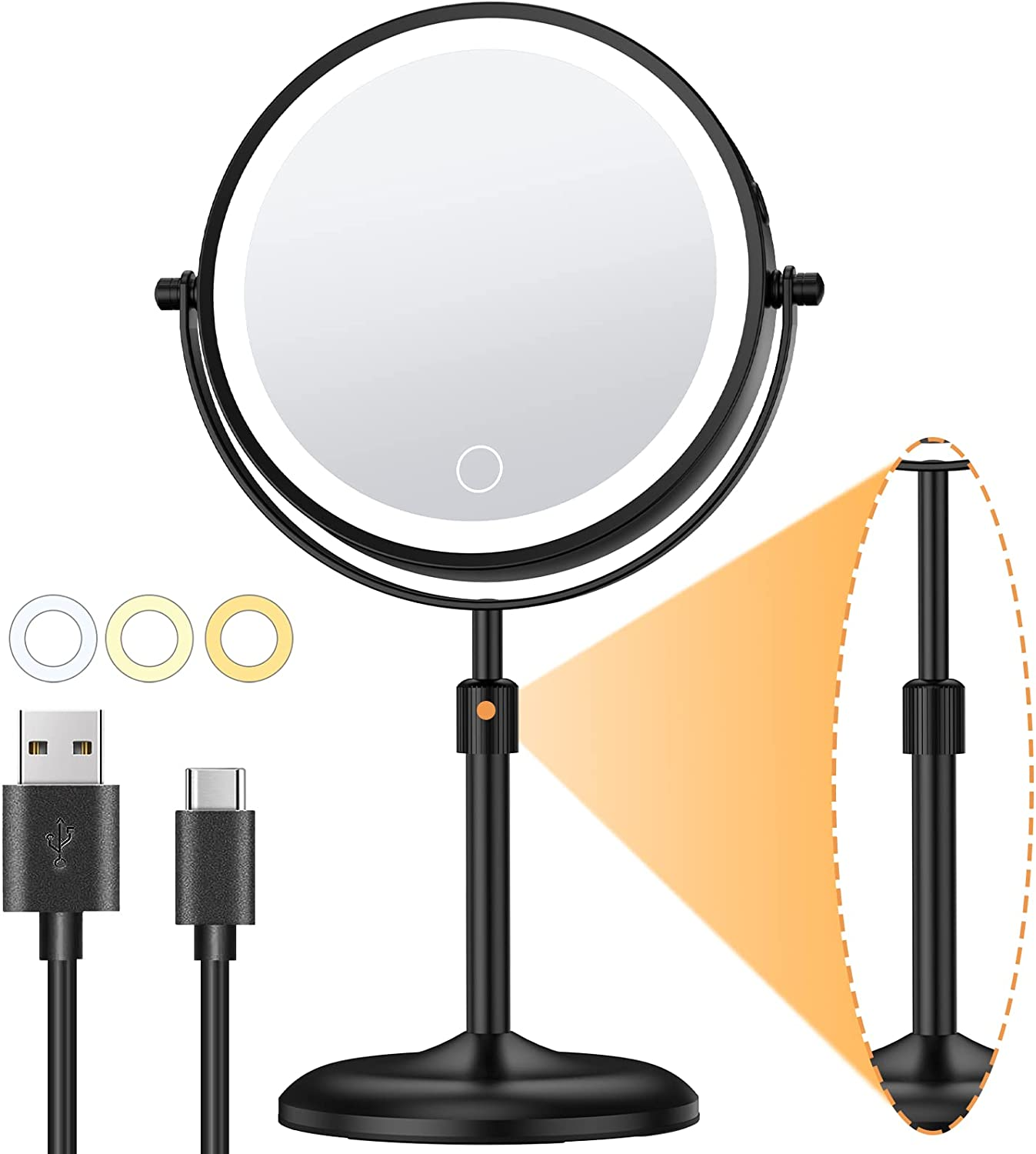 Gospire 7" Lighted Makeup Mirror with Magnification 10X/1X, Height Adjustable & 3 Color Dimmable Lights, 360&deg; Swivel Double Sided Light up Rechargeable LED Cosmetic Vanity Cordless Standing Mirror