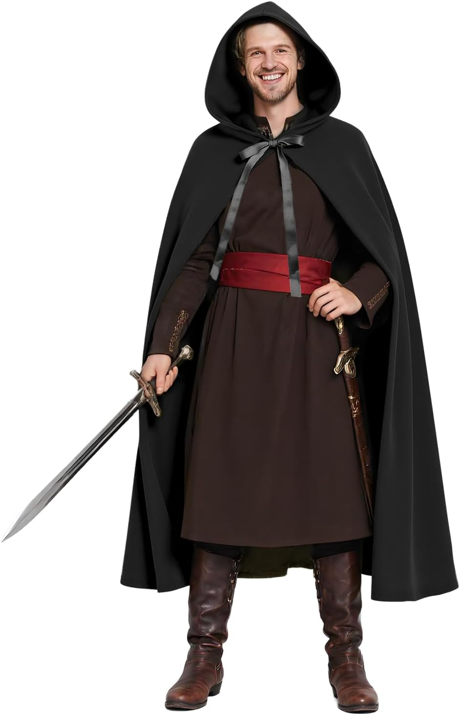 Black Renaissance Hooded Cape Witch Cloak with Hood Medieval Hobbit Halloween Costume image number 2