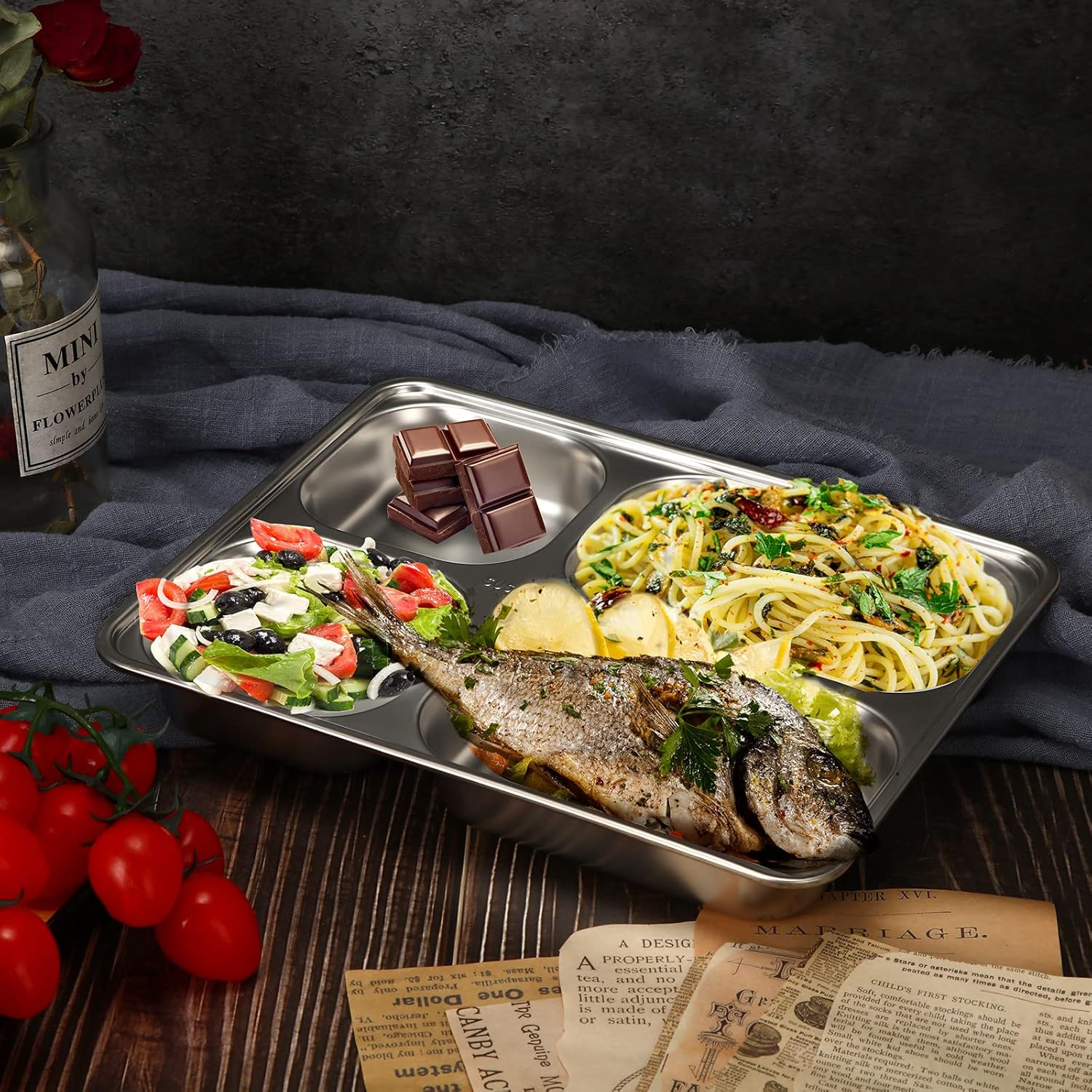 CHENGU 5 Pack Stainless Steel Divided Plates for Adults with Compartments & Serving Plate Dividers (4 Sections)