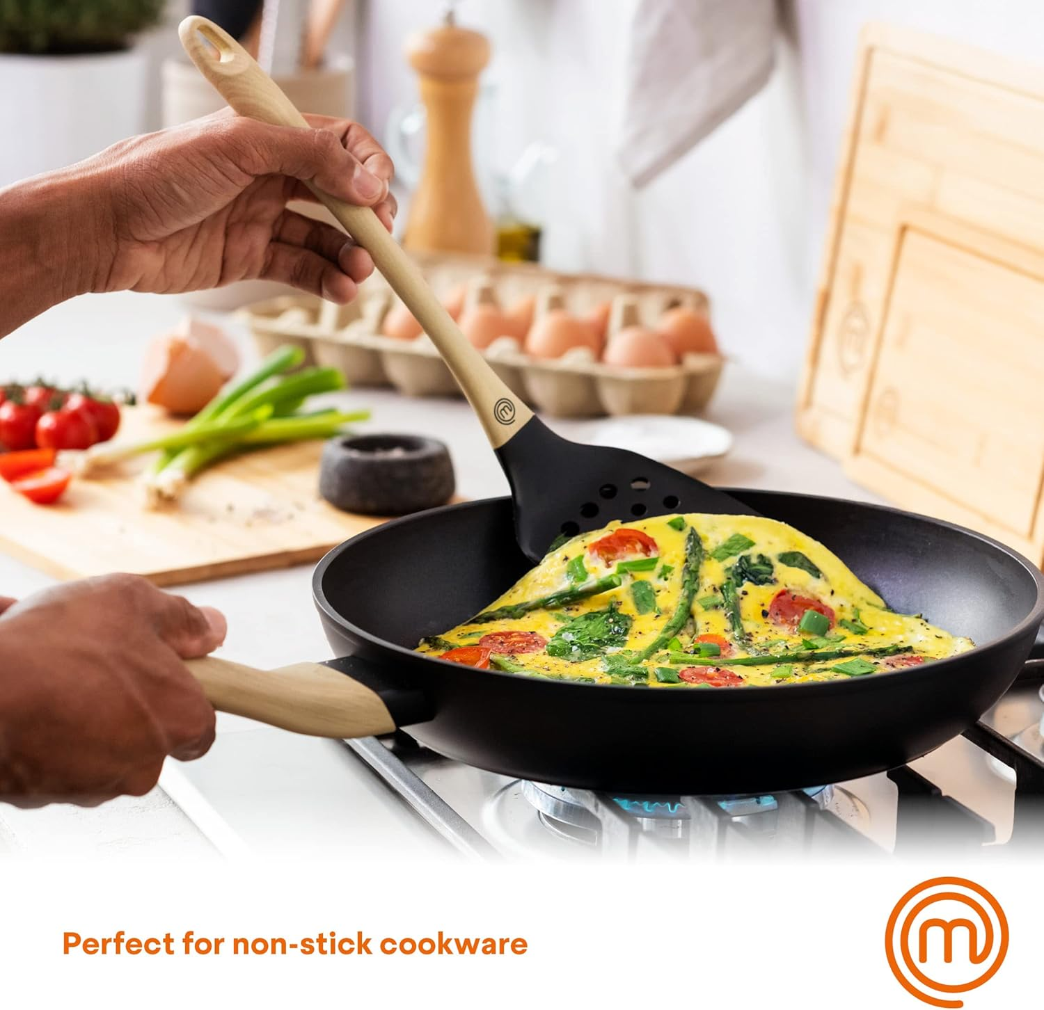 Masterchef Kitchen Utensils Set Dishwasher Safe, Non Toxic Cooking Utensils Set for Nonstick Cookware, Non Scratch Plastic Tools Incl. Spatulas & Spoons, Heat Resistant Nylon, 6 Piece, Natural Look - Multi Colored image number 4