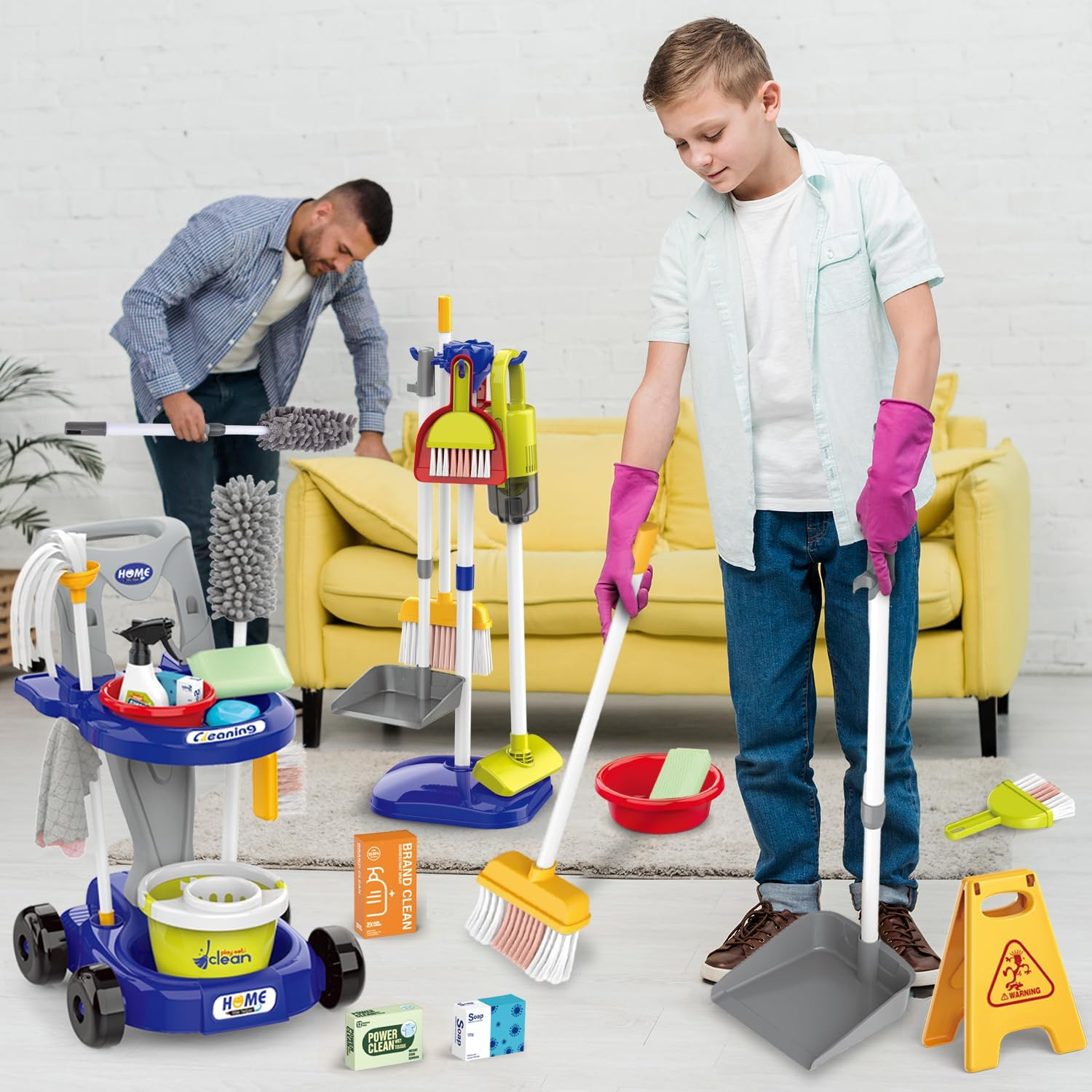 Kids Cleaning Set 29 Piece - Toys Cleaning Carts Includes Real Working Vacuum Cleaner, Broom, Mop,Spray Bottle,Educational Toddler Pretend Play Toy Gift for Boys Girls Ages 3+ (Blue)