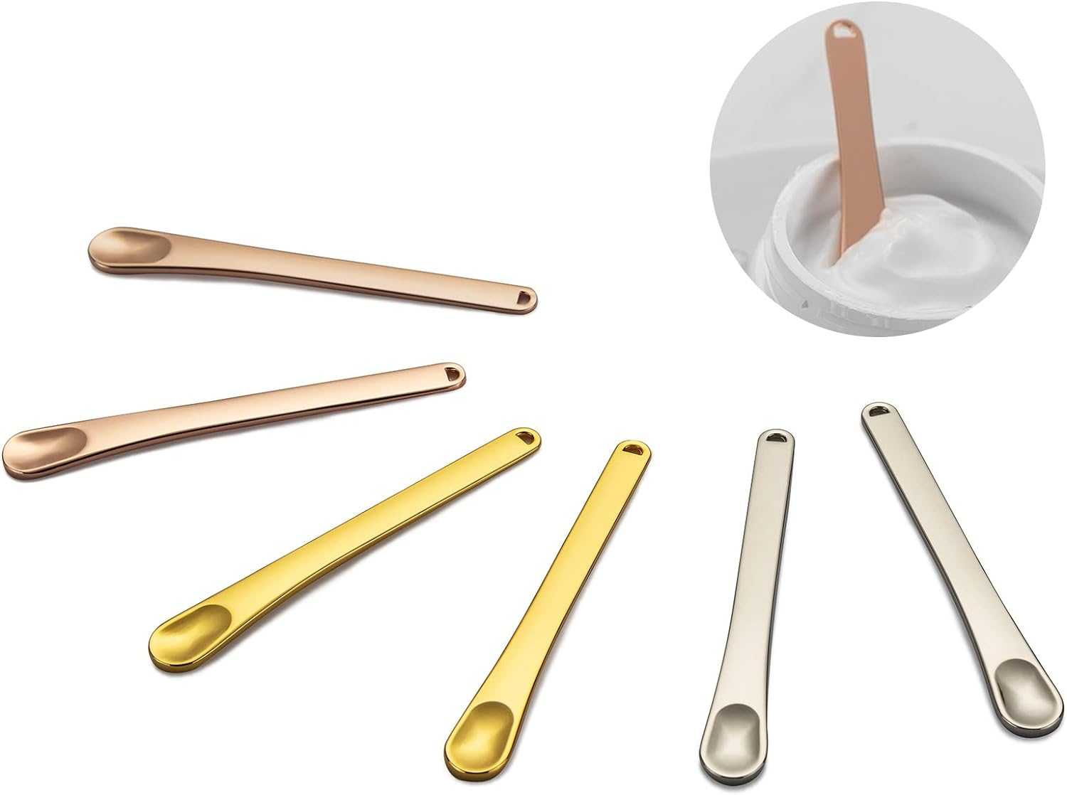 Tekson Metal Cosmetic Skincare Spatula, Mini Mask Facial Reusable Scoop, Makeup Beauty Spoons for Cream, Lotions, Moisturizers (Rose Gold, Gold, Silver) (Long Size)
