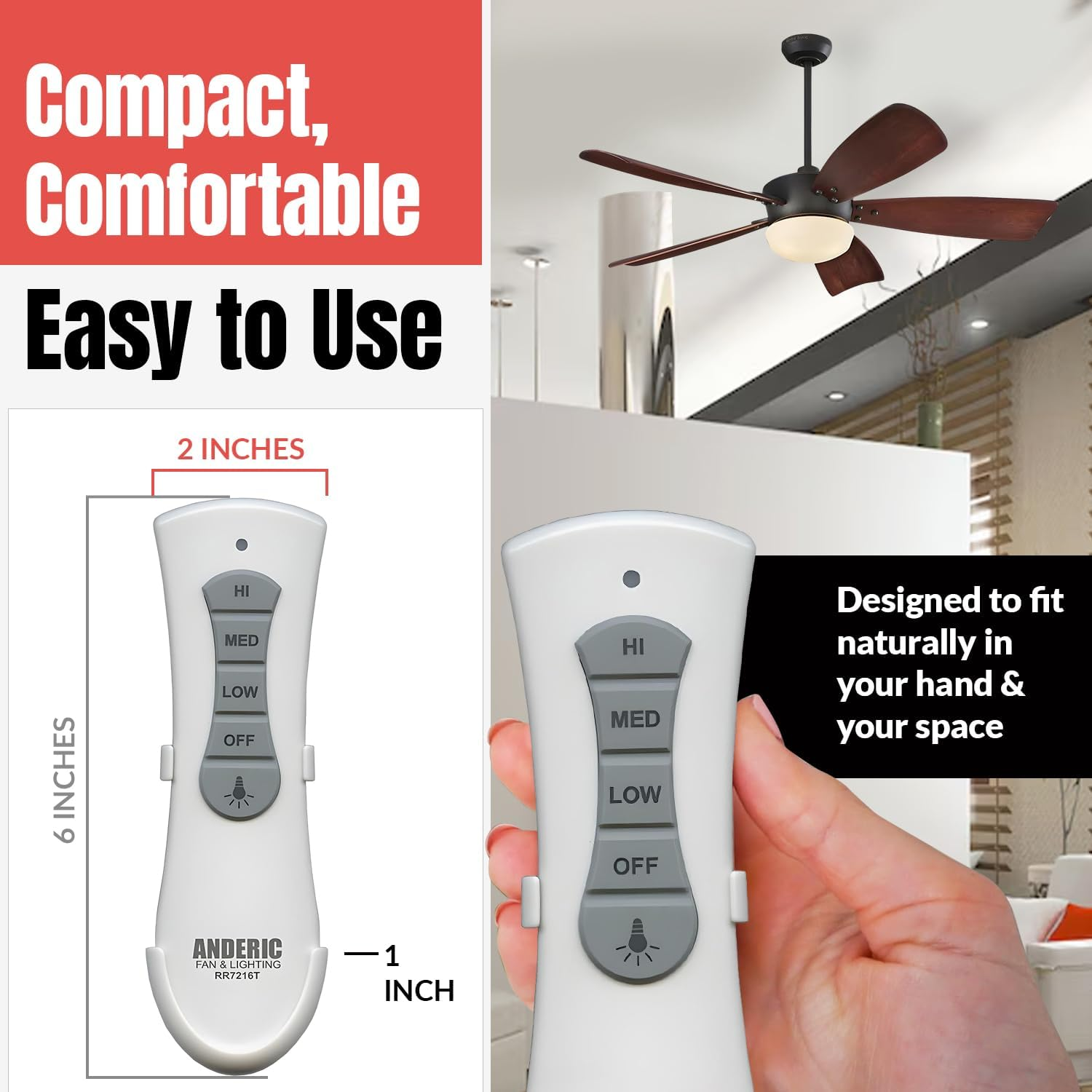 Anderic Slim Style UC7216T - Compatible with Hampton Bay/Harbor Breeze Ceiling Fans and Includes Wall Mount - Replaces: CHQ7216T, CHQ7078T, UC7078T, Fan-Hd, HD5 (Standard Slim - RR7216T) image number 2