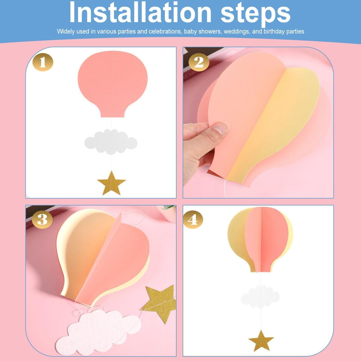 4 Pcs Cloud Hot Air Balloon Hanging Ornaments for Wedding,Birthday,3D Paper Decoration for Party (Hot Air Balloon) image number 4