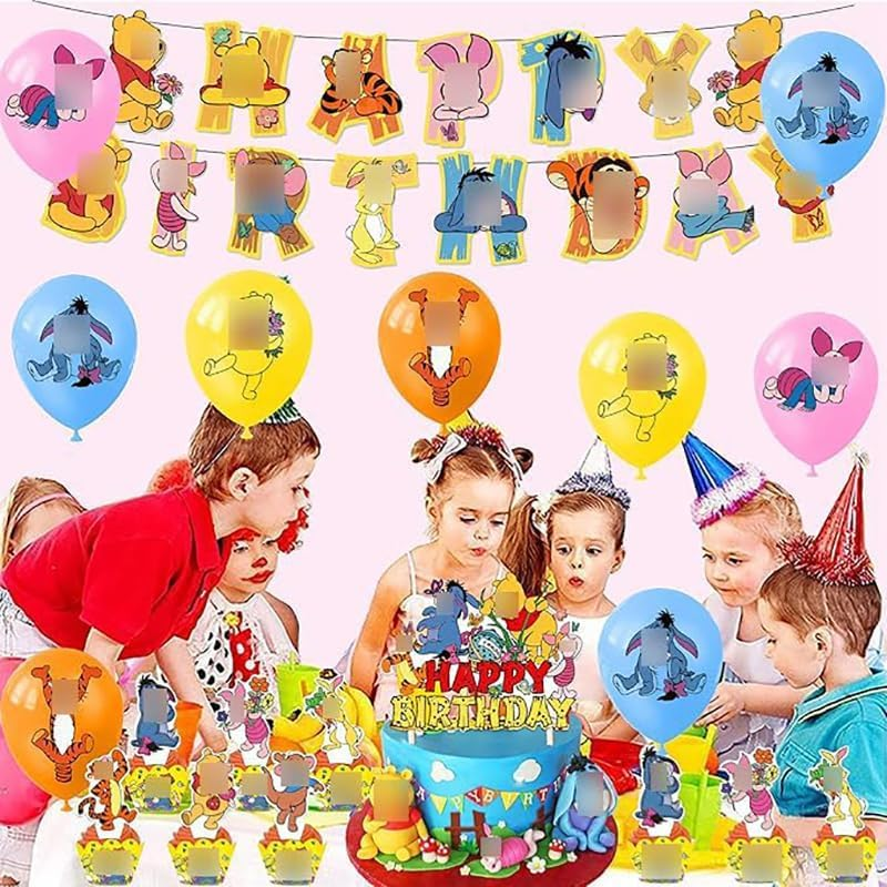Buosha Winnie the Pooh Birthday Decoration Pack: Banner, 16 Balloons, 13 Cake Toppers - Yellow Winnie the Pooh Character Balloons image number 3