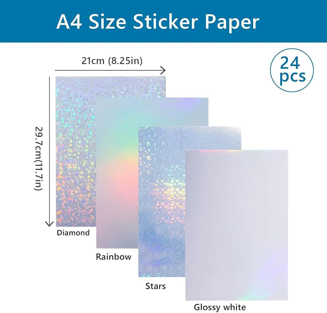 24 Sheets Vinyl Printable Sticker Paper, A4 Size Holographic Glossy Self Adhesive Sticker Paper, Waterproof Quick Dry Sticker Paper for Ink Jet Laser Printer, 8.25 X 11.7 Inch image number 6