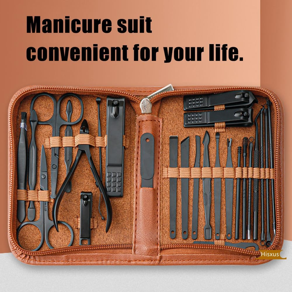 Hisxus Brown Manicure Set Professional Nail Clipper Kit-26 Pieces Stainless Steel Manicure Kit,Nail Care Tools with Luxurious Travel Case for Man&Women Gift image number 5