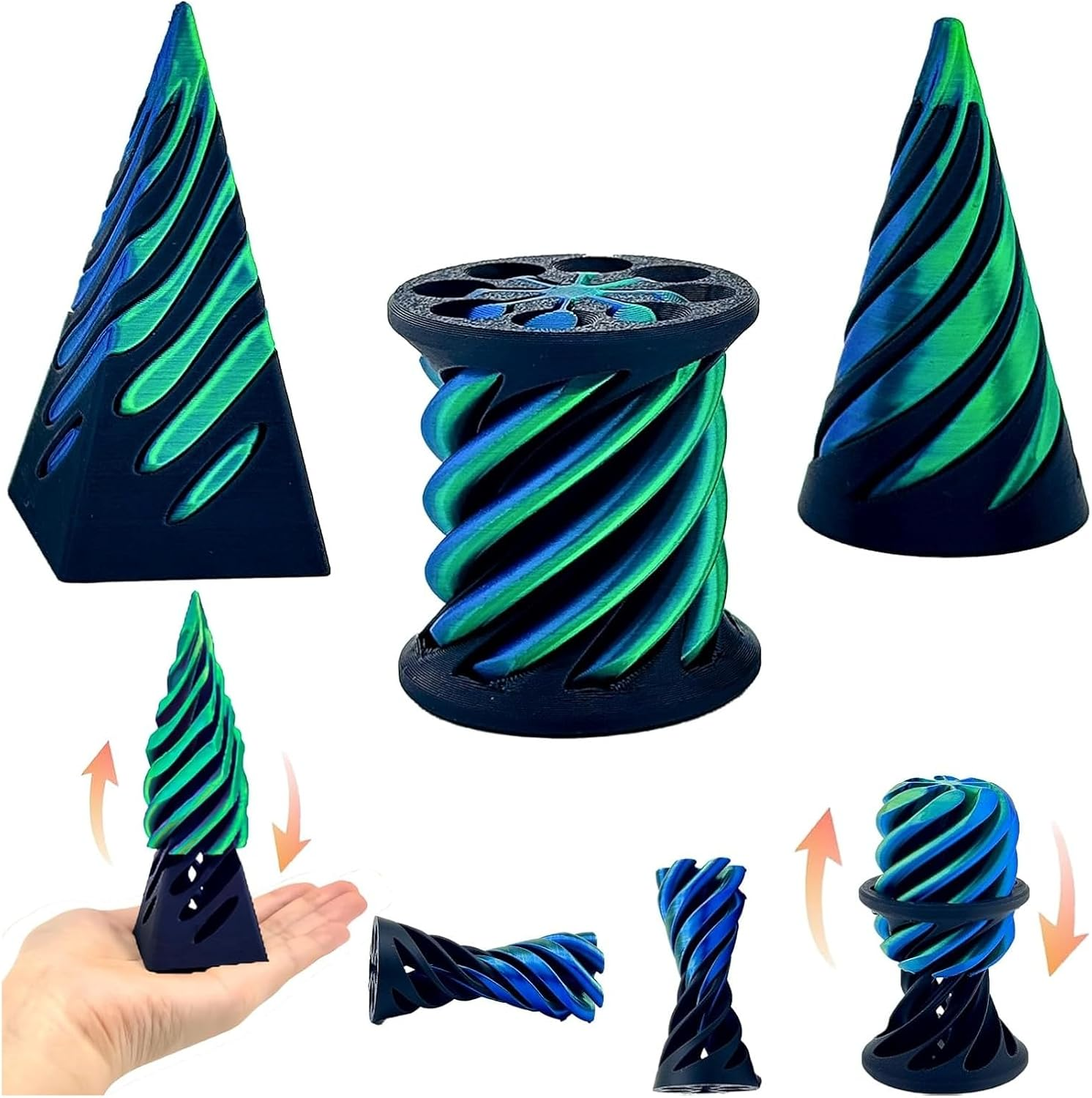 3D Printed Spiral Fidget Toys Impossible Pyramid Passthrough Sculpture Mini Cones Pass through Pyramid Fidget Toy (Green Black)