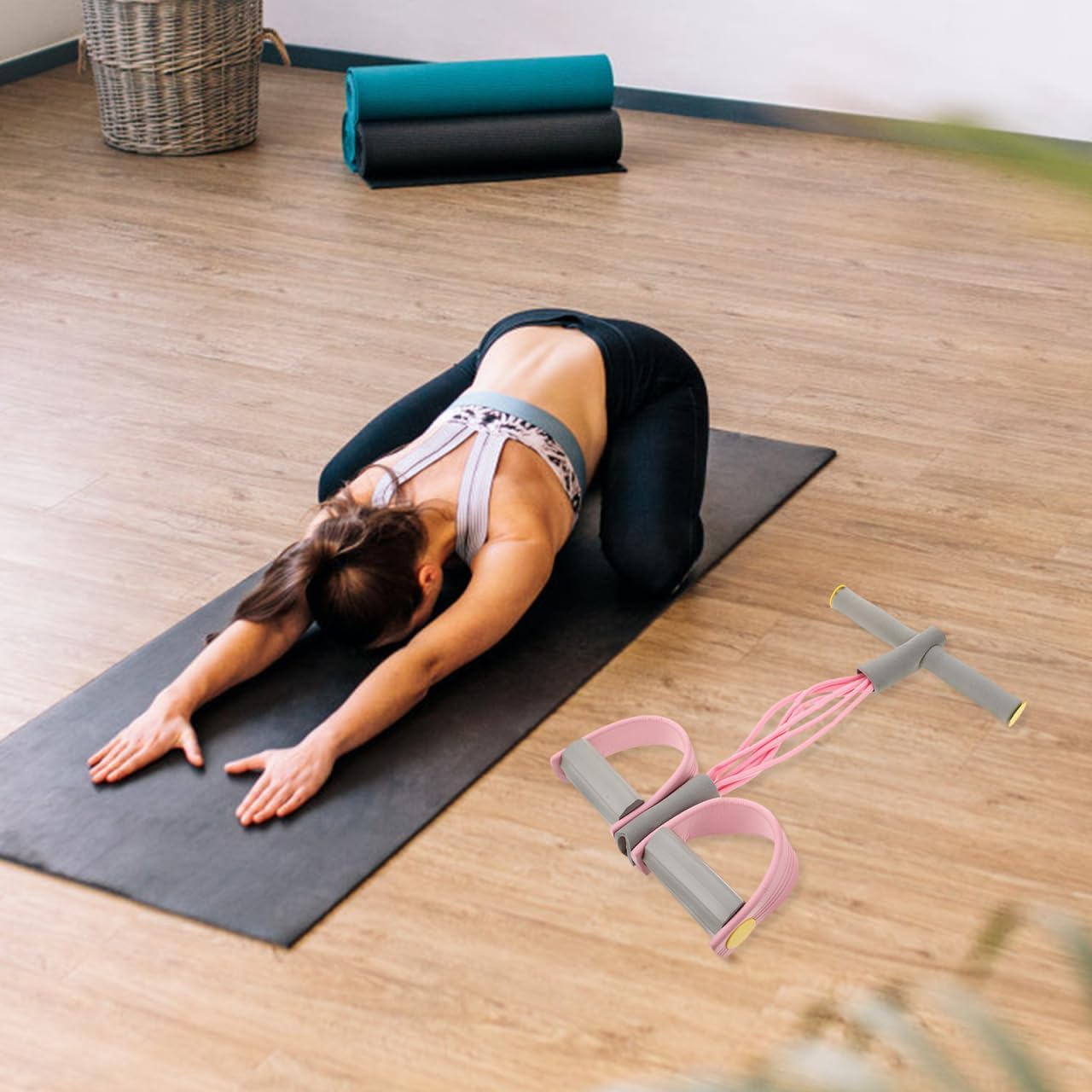 Mipcase Resistance Band with Handle : 6-Tube Elastic Foot Pedal Resistance Band for Yoga Abdomen Leg Stretching, 18.47X10.22X2.16In (Pink) image number 5