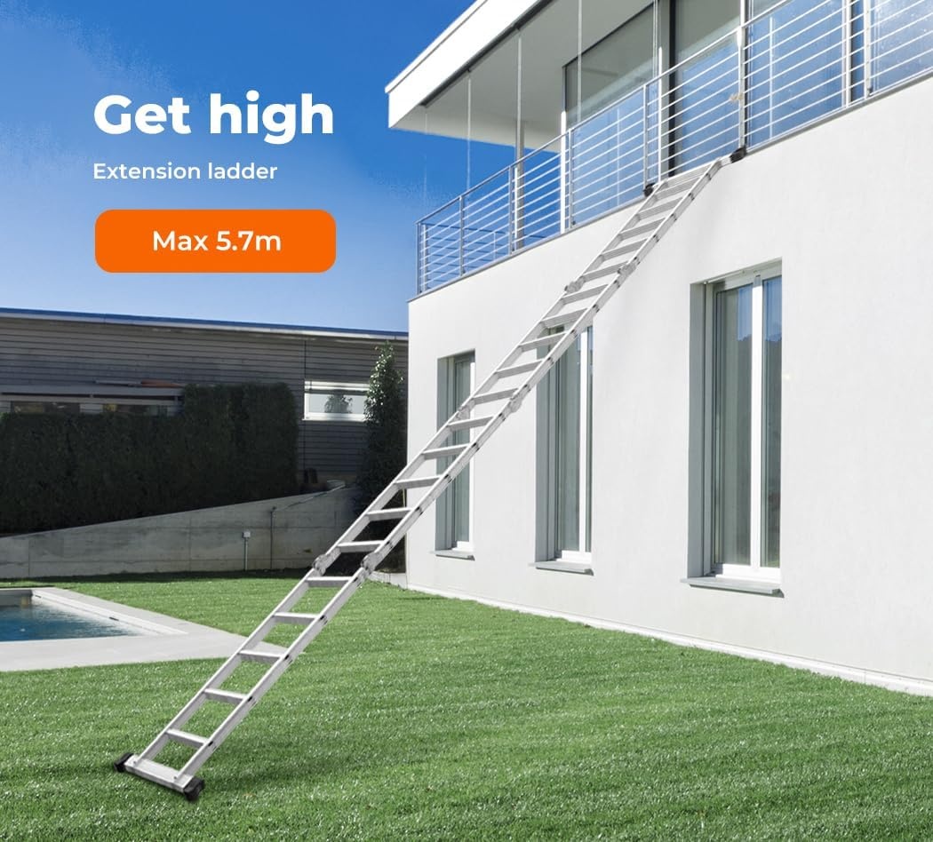 Traderight Multi Purpose Ladder Aluminium Folding Platform Extension, Multi Position Step Foldable Ladders for Home Garage Outdoor Work, 20 Rungs 5.7M Silver image number 1