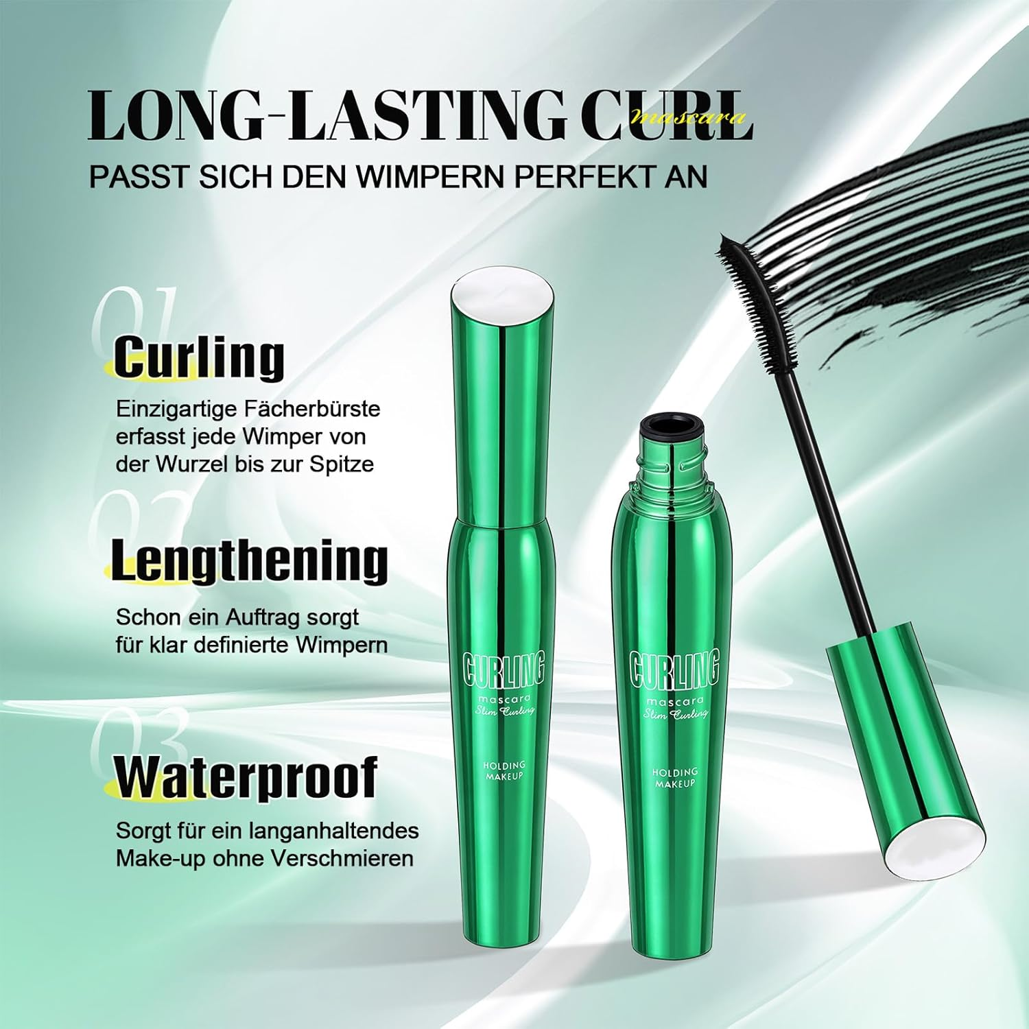 5D Mascara Waterproof & Sweat-Proof, Long-Lasting Mascara for Extremely Long Eyelashes, Mascara for Extra Volume & Definition Green image number 2