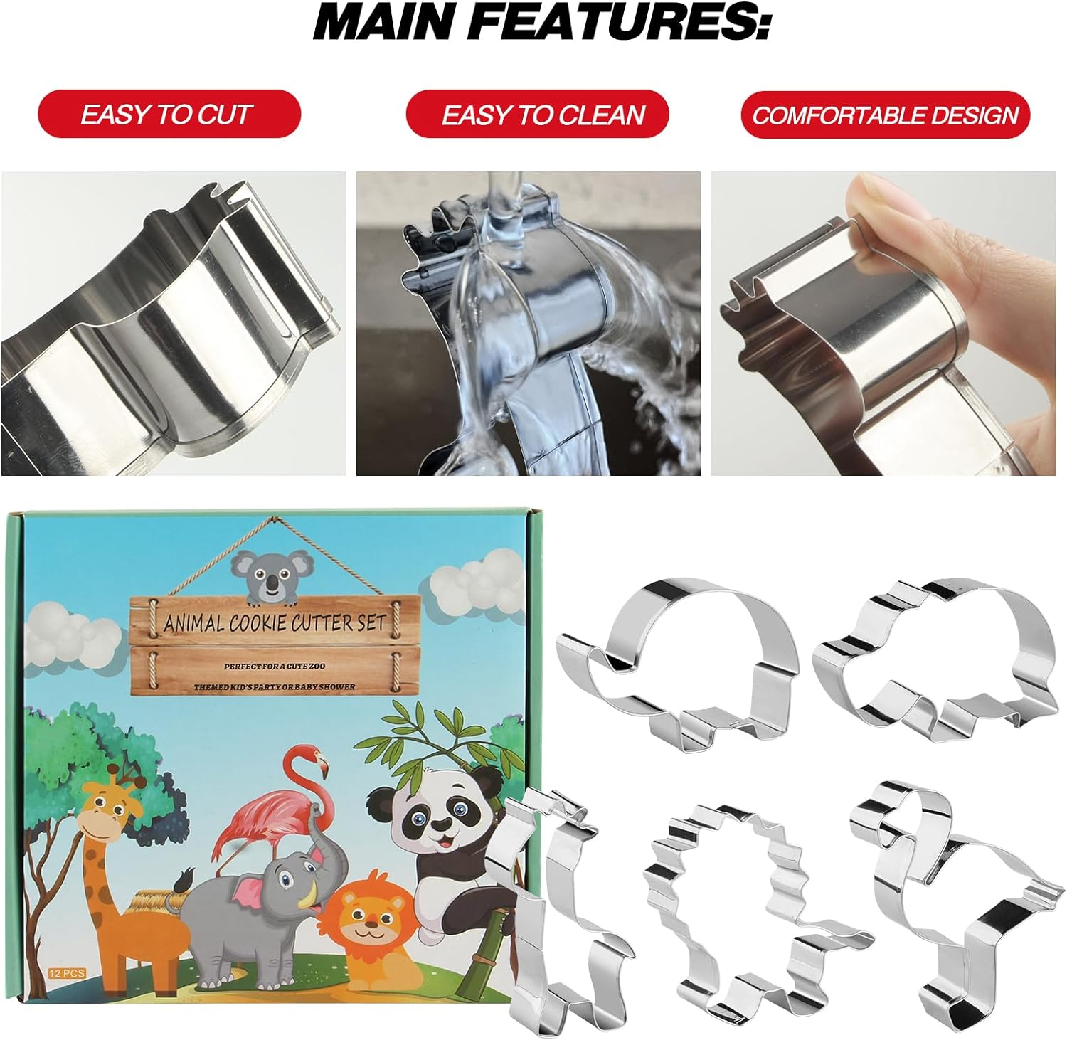 Animal Cookie Cutters for Kids, Safari Zoo Animals 12 PCS Cookie Cutters Set with Lion, Giraffe, Hippo, Panda, Koala, Elephant, Dog, Crocodile, Flamingo Etc. (Gift Box), RHA12