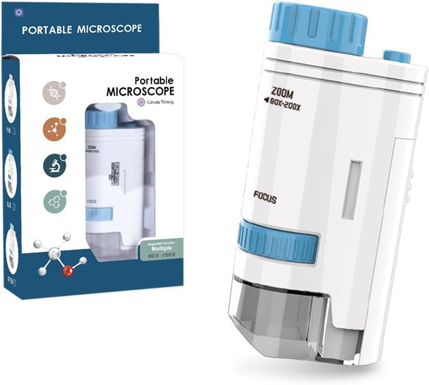 Tehttz 1 Pack Blue 60-200X Zoom Pocket Microscope, Mini Microscope with LED Light High Definition Children Microscope for Kids, Microbiological Observation Preschool Home (Not Battery Included) image number 2