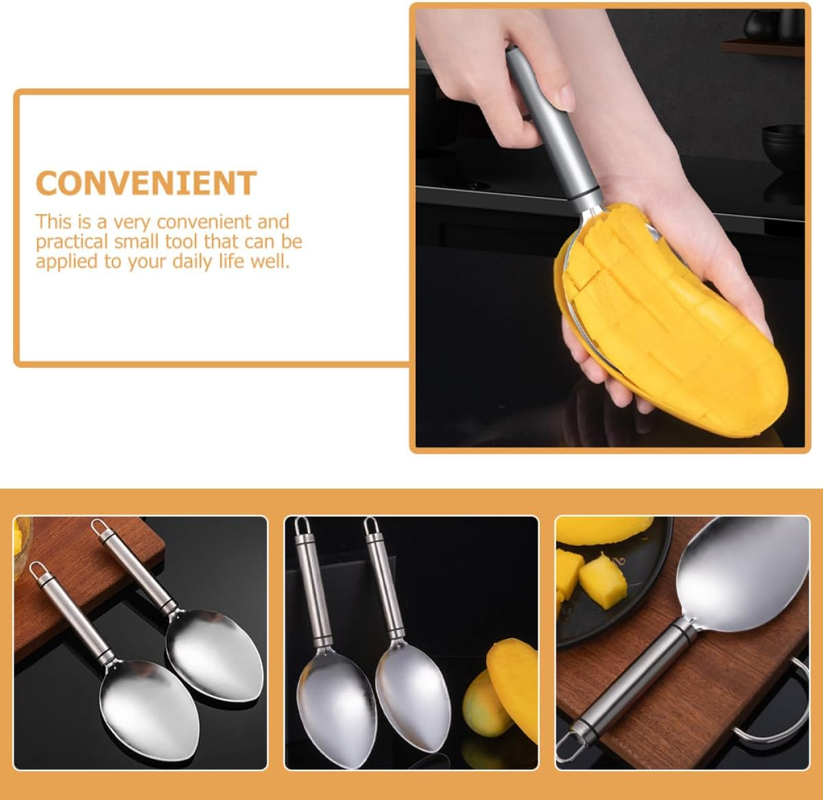 SEWACC 2Pcs Mango Prep Tool Set with 304 Stainless Steel Peeler, Dicer and Scooping Spoon for Skin Removal and Cubes Cutting, Kitchen Gadget for Home Fruit Preparation and Travel Use