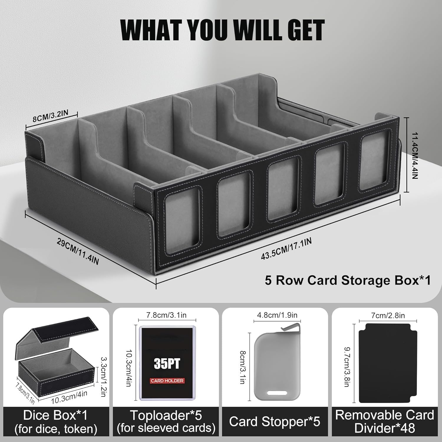 Cyperever Trading Card Storage Box with Commander Display, 5-Row Deck Case with Removable Lid; 3900+ Card Deck Box for MTG TCG Sports Cards, 5 Toploaders, 5 Stoppers, 48 Dividers,1 Dice Tray (Black) image number 5