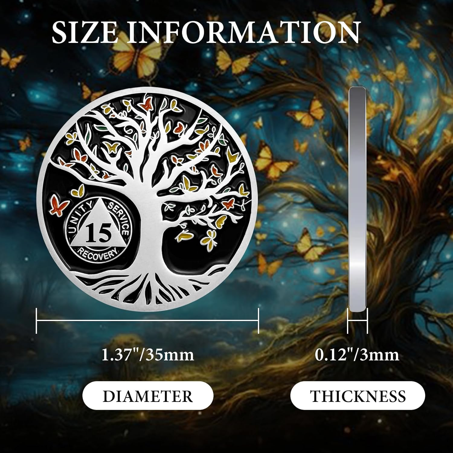 15 Year Sobriety Coin, Butterfly Tree of Life AA Medallions Serenity Prayer Sobriety Chips - AA Coins Anniversary Recovery Chips Sober Tokens for Alcoholics Anonymous Recovery Sober Gifts image number 1