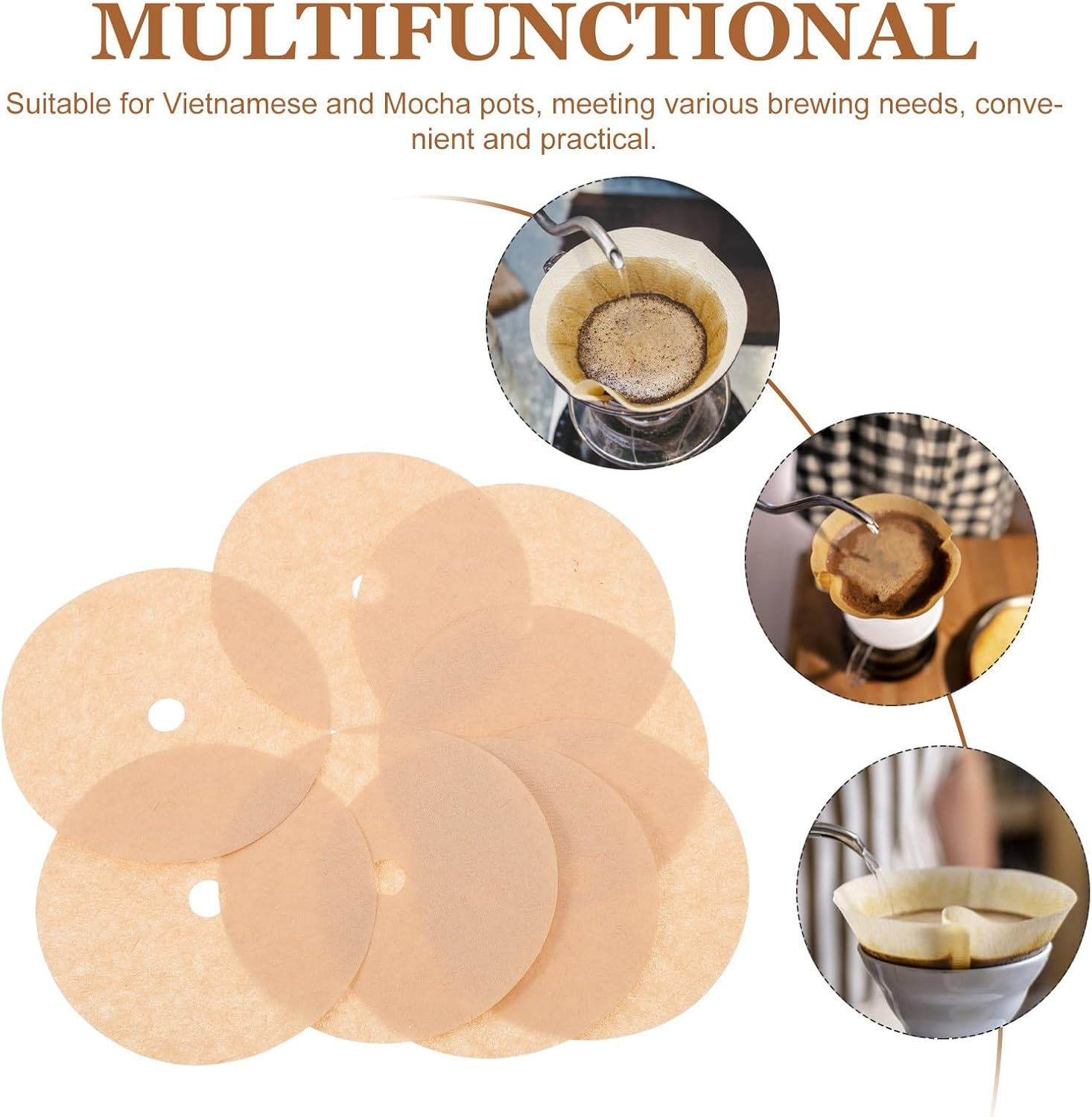 TEHAUX 200Pcs round Coffee Paper Filters for Drip Coffee Maker, Espresso Machine Accessories for Espresso Precise Brewing Khaki image number 3