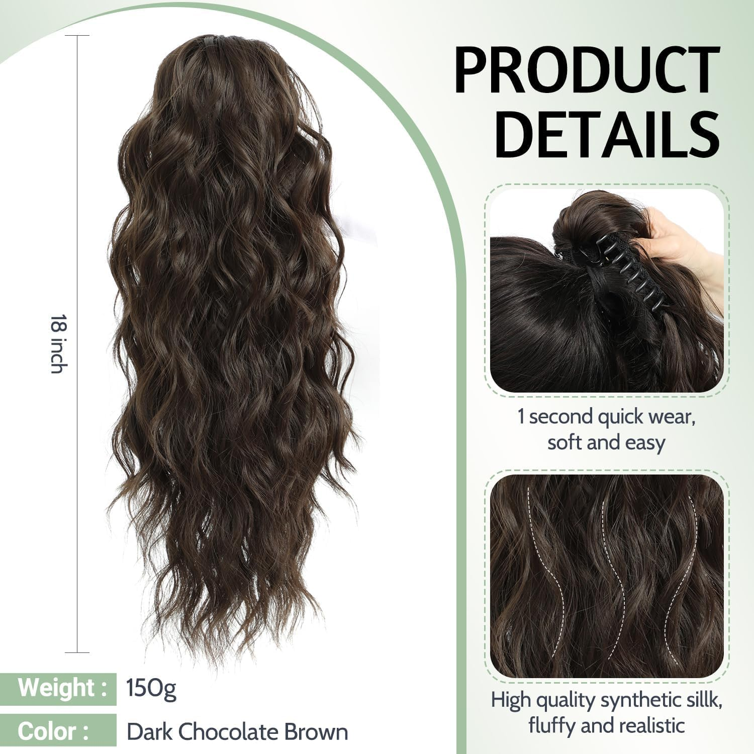 Fine plus Claw Clip Ponytail Extension, 45 Cm Long Curly Ponytail Extension Brown Synthetic Wavy Extensions Clip in Ponytail Hairpieces for Women image number 4