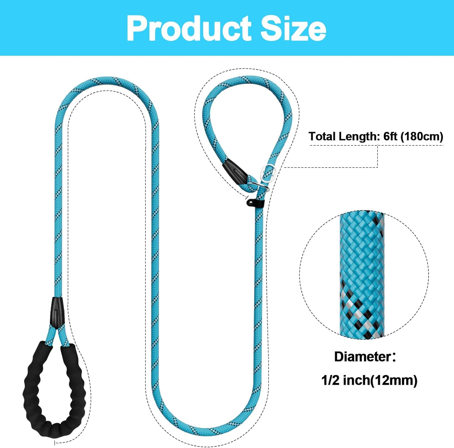 Slip Lead Dog Leash 6FT, Heavy Duty 1.8M Anti-Choking Rope Slip Leash, Reflective Strong Sturdy Rope Lead for Large Medium Small Dog, 1/2 Inch(12Cm), Blue image number 5