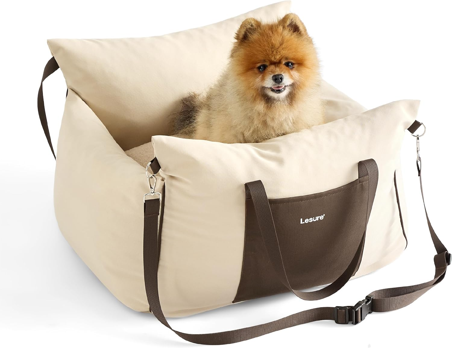 Lesure Dog Car Seat for Medium Dog - Waterproof Dog Booster Seat for Car with Storage Pockets, Clip-On Safety Leash and Memory Foam Filling, Small Pets Travel Carrier Bed, 58X56X33Cm, Beige