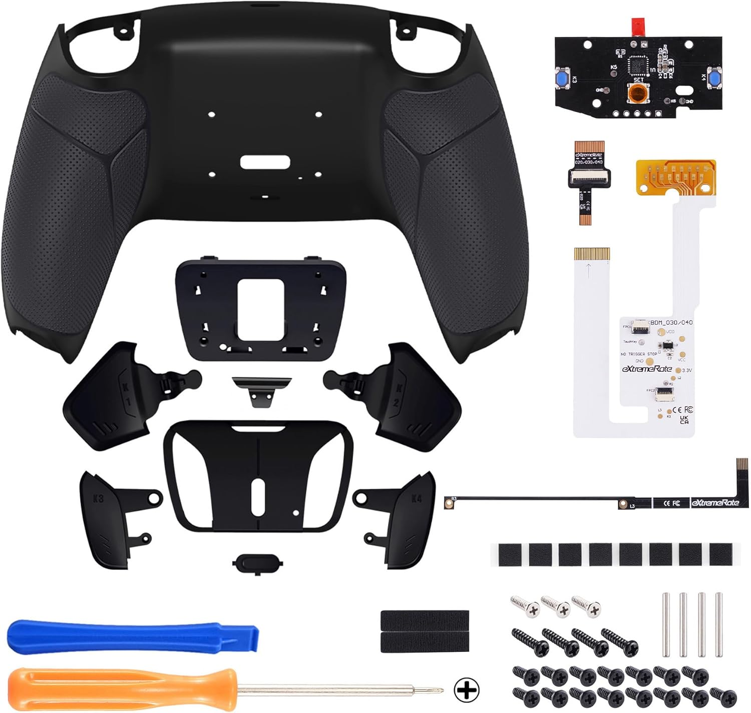 Extremerate Black Rubberized Grip Programable RISE4 V3 Remap Kit for PS5 Controller BDM-030 040 050, Upgrade Board Redesigned Bottom Shell 4 Back Buttons Set