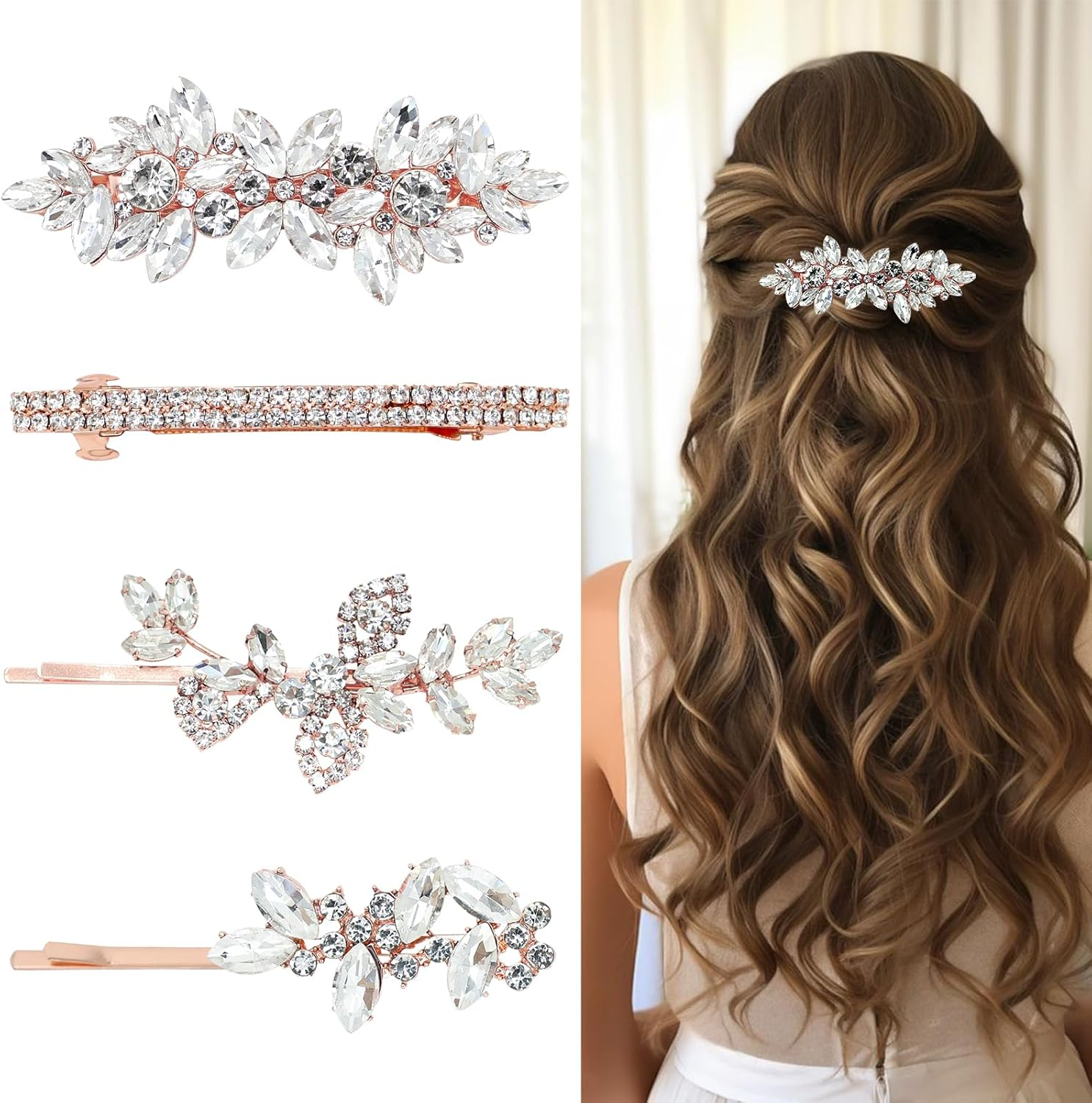 4 Pieces Rhinestone Hair Clips Leaf Wedding Hair Pins Crystal Bobby Pins Silver Bridal Hairpin Barrette for Brides Bridesmaids Flower Girls (Rose Gold)
