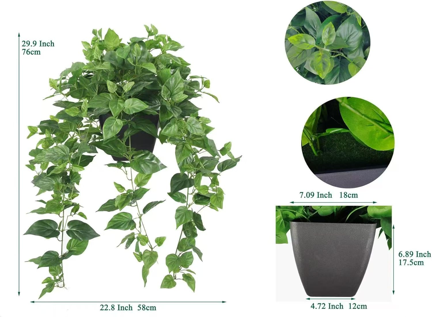 365 Blooming Decor Realistic Artificial Pothos Ivy Plant, Silk, for Office, Home Decor, 30" H X 22.8" W, in Contemporary Black Pot //No Assembly Required//Fade-Resistant. image number 3
