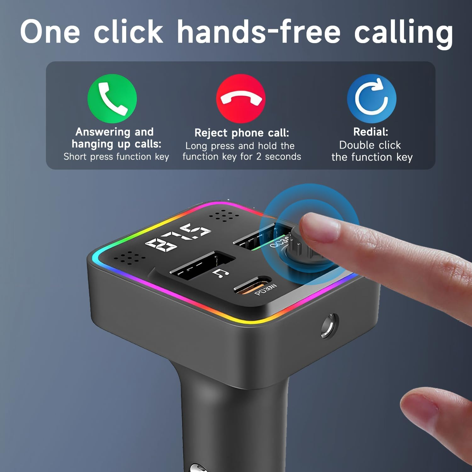 QUMOX Bluetooth 5.3 FM Transmitter Car Charger, PD30W USB-C + QC3.0 Fast Charging, 7-Color Ambient Light, Hands-Free Calling, Dual USB Ports, Universal 12-24V Car Compatibility image number 4