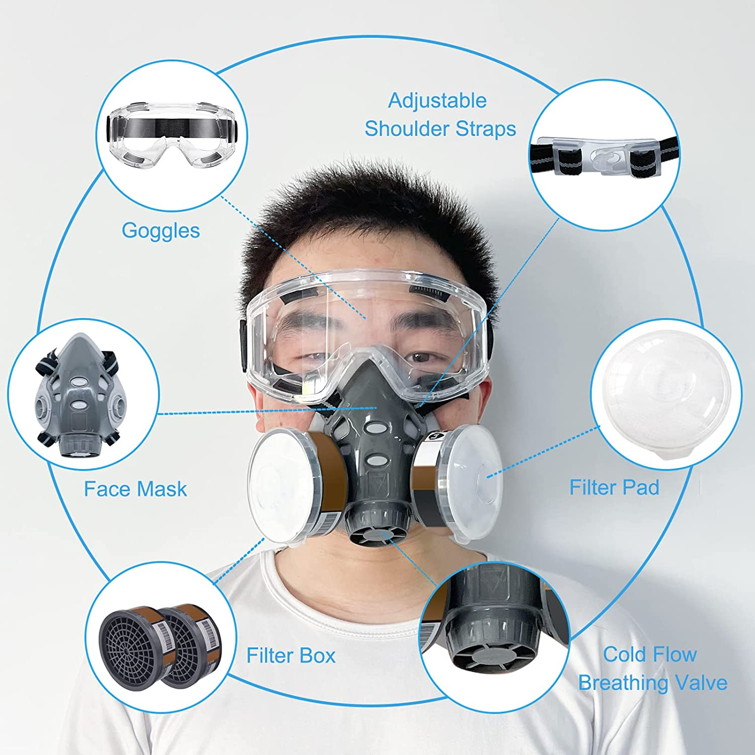 Respirator Mask,Gas Mask,Safety Face Cover with 4 Replaceable Filter Cotton,Soft Silicone Material for Nasal Mask and Face Seal,Suitable for a Variety of Work Situations,Adjustable Head Frame image number 3