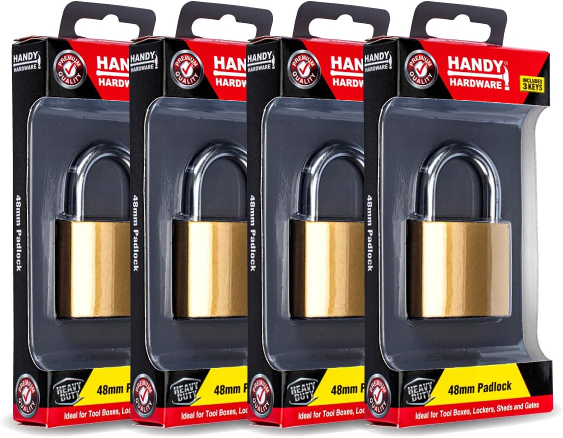 [4PCE] Handy Hardware Heavy Duty Padlocks, Premium Quality, Stainless Steel Shackle, Solid Brass Body and Cylinder, anti Rust and Cut Resistant, Helps Keep Valuables Safe and Secure - 48Mm image number 1