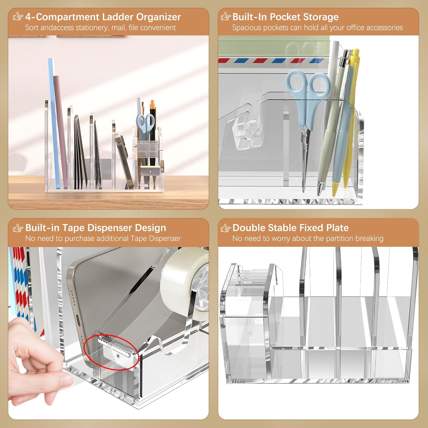 Merrynine Acrylic Desk Organizer, Clear Desk Storage with 4 Compartments, Pencil Holder for Office,Home, School Desk Organization image number 4