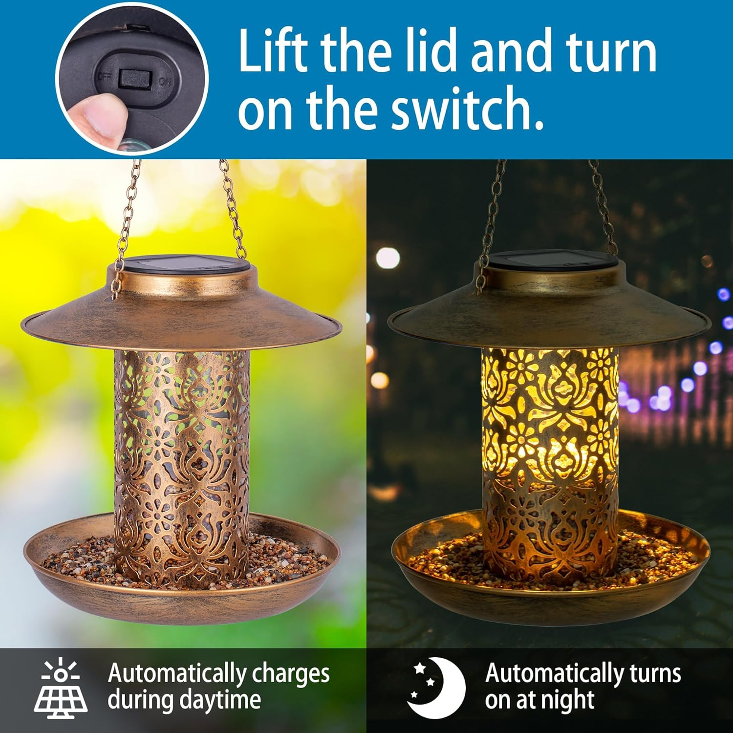 Solar Bird Feeder for Outdoors Hanging, Metal Wild Cardinals Garden Lantern with S Hook, Weatherproof and Water Resistant Birdfeeders as Gift Idea for Women Mom Grandma Bird Lovers (Bronze) image number 2