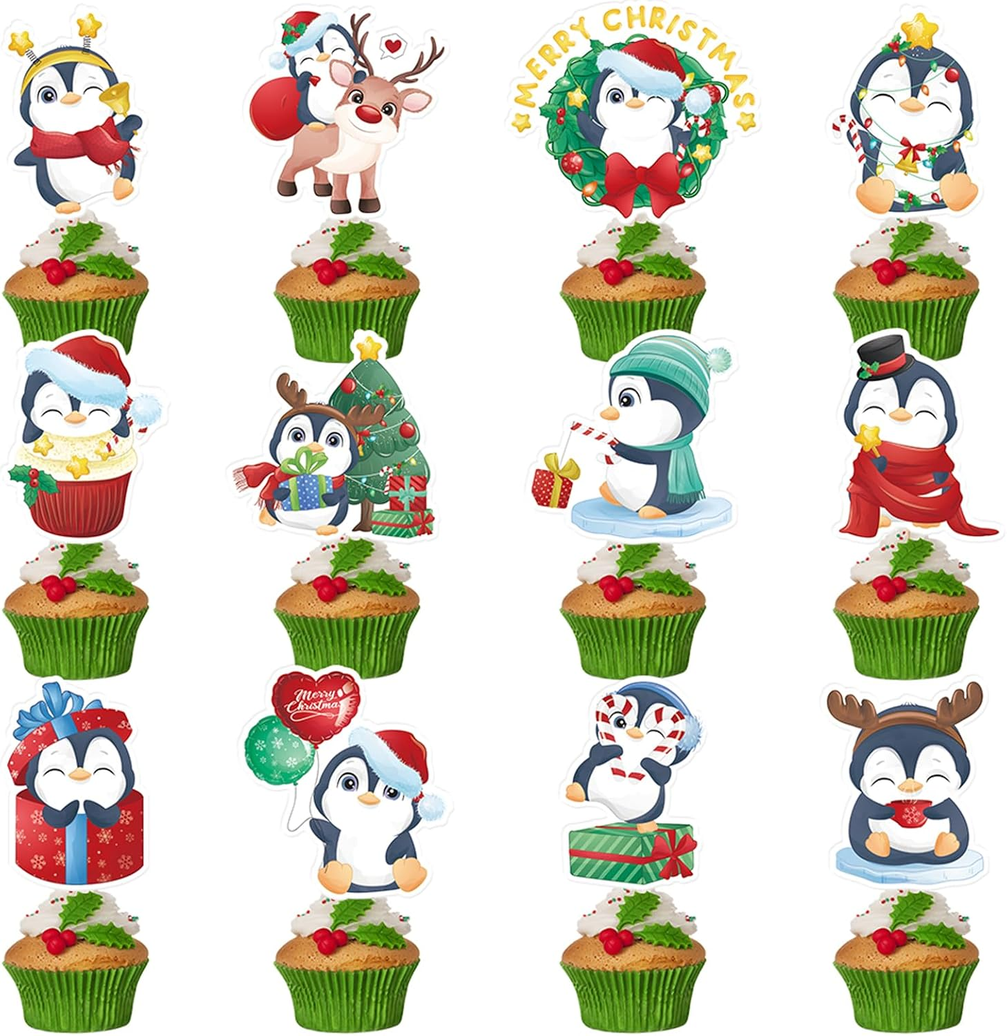 Christmas Cupcake Toppers Winter Cake Decorations Snowman Panda Penguin Cartoon Design Cake Toppers Picks for Winter Birthday Christmas Party Decoration Supplies (56Pcs)