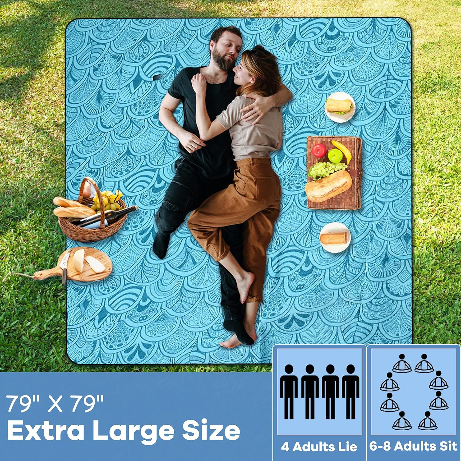 ZOMAKE Picnic Blanket,Waterproof Portable Oversized 80 X 80 Inches Beach Mat (Teal 80 X 80)