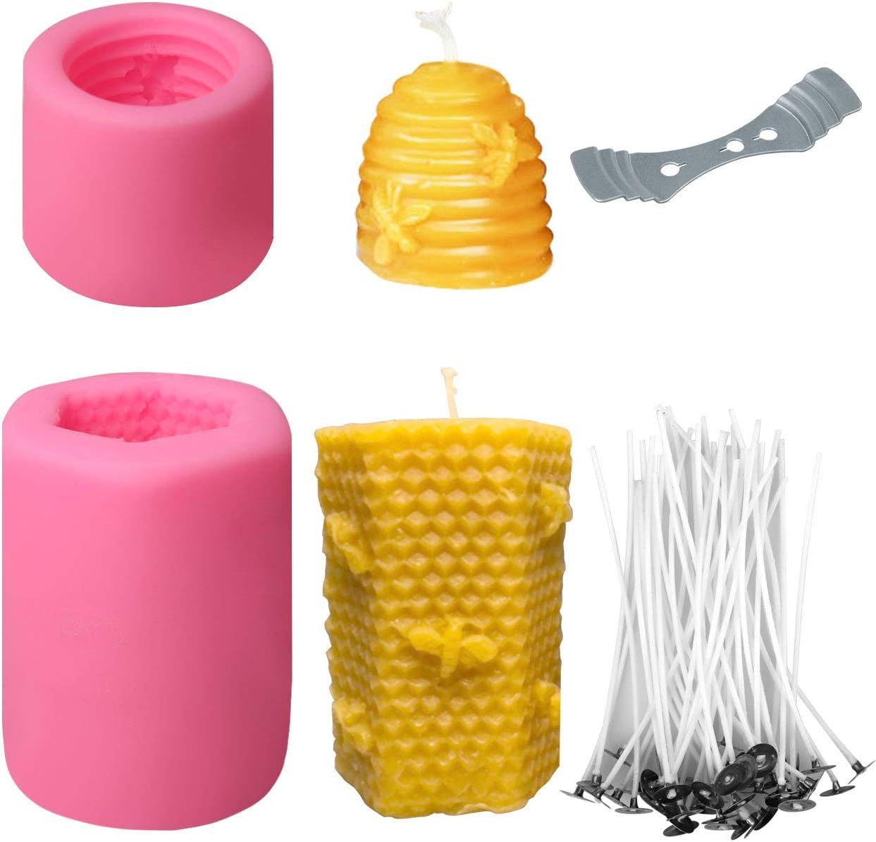 2 Pack Bee Honeycomb Candle Mould, 50 Roots Low Smoke Candle Wicks and 1Pc Metal Holder, Beehive Silicone Mould for Making Beeswax Candles image number 6