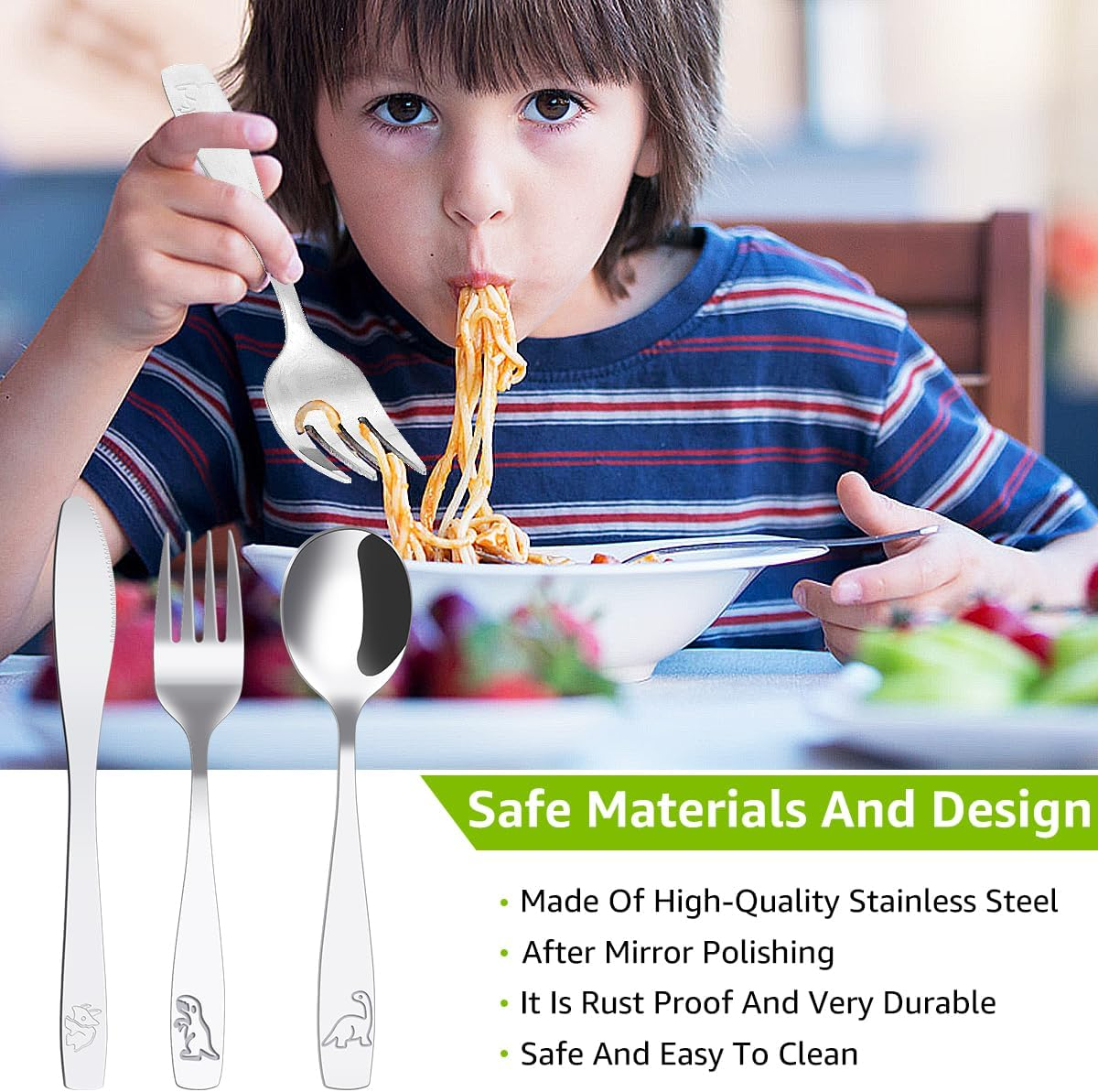 15Pcs Kids Silverware Set Fork Knife and Spoon Set 410 Stainless Steel Toddler Utensils Ergonomic Smooth Kids Cutlery Flatware Funny Dinosaur Dishwasher Safe for Children Toddler image number 4