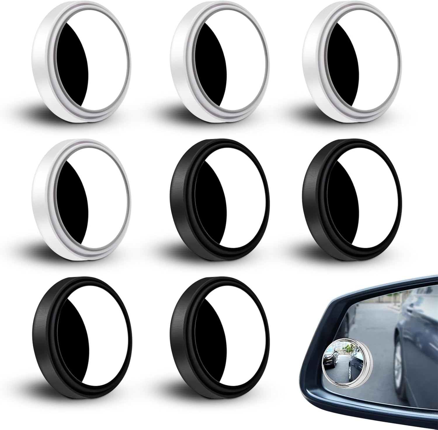 Huakaile 8 Pieces HD Glass Blind Spot Mirror, 2" round 360&deg; Adjustable Side Mirror Blindspot with Frame, Self-Adhesive Blindspot Mirror for Car Auto Truck Jeep (Black, White) image number 2