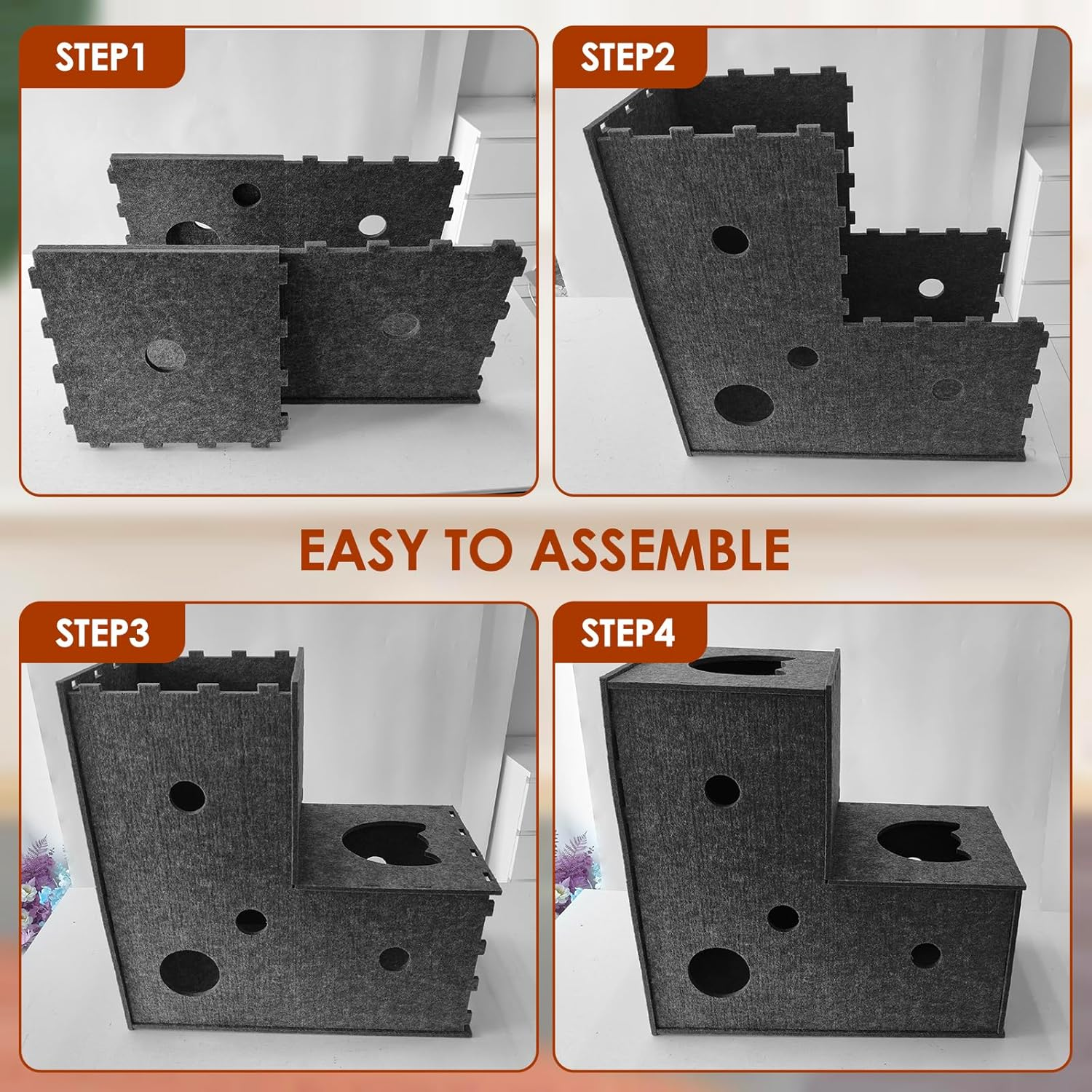 Cat Tunnel for Indoor Cats,Diy Transformable Cat Hideaway Cave,Kitten Play Tubes and Tunnels,Felt Peekaboo Cat Toy with Interactive Peek Holes (Grey, L-Shape Tunnel) image number 7