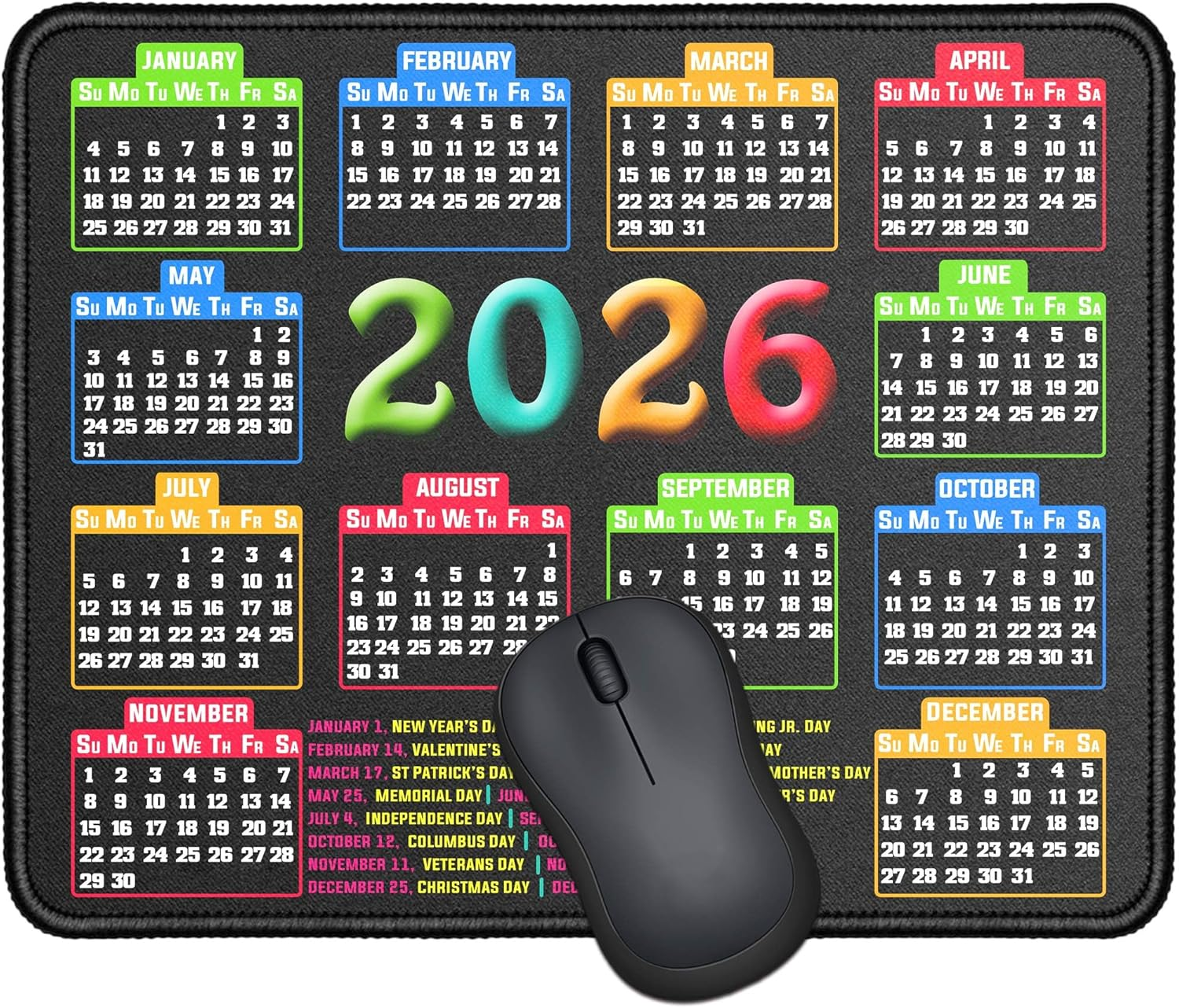 RMYMPMYX Mouse Pad with Stitched Edge, Computer Mouse Pad with Non-Slip Rubber Base, Mouse Pads for Computers Laptop Mouse 9.6X7.9X0.1 Inch, (2025 Calendar Black)
