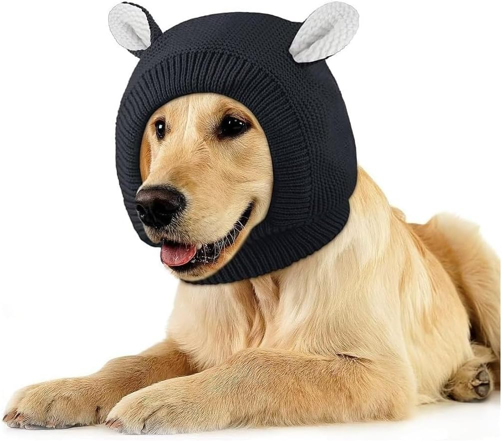 Quiet Ears Hat for Dogs, Dog Ear Protection Knitted Dog Hats Pet Ears Warm Cover Noise Protection,Winter Eared Warm for Dogs Cats Pets Knitted with Ears for Medium to Large (Black) image number 2