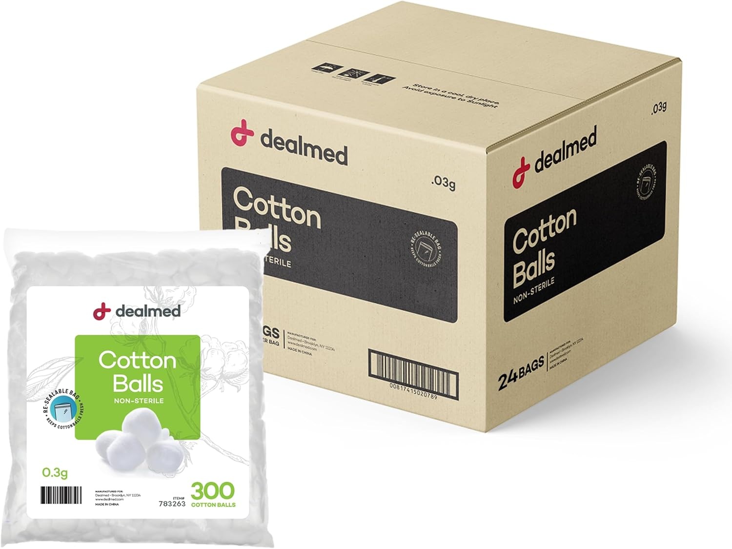 Dealmed 300 Ct. Cotton Balls for Face, Makeup, Medical Uses, & DIY Crafts | Non-Sterile Bulk Pack | Resealable Zip-Locked Bag | 100% Pure Cotton, Soft, Absorbent, Gentle (Case of 24) image number 4
