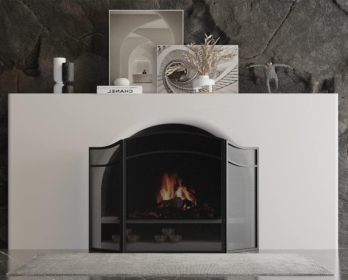 Lizh Fireplace Screen with Arch Frame 3 Panels, Steel Mesh Simple Design Fireplace Screen image number 5